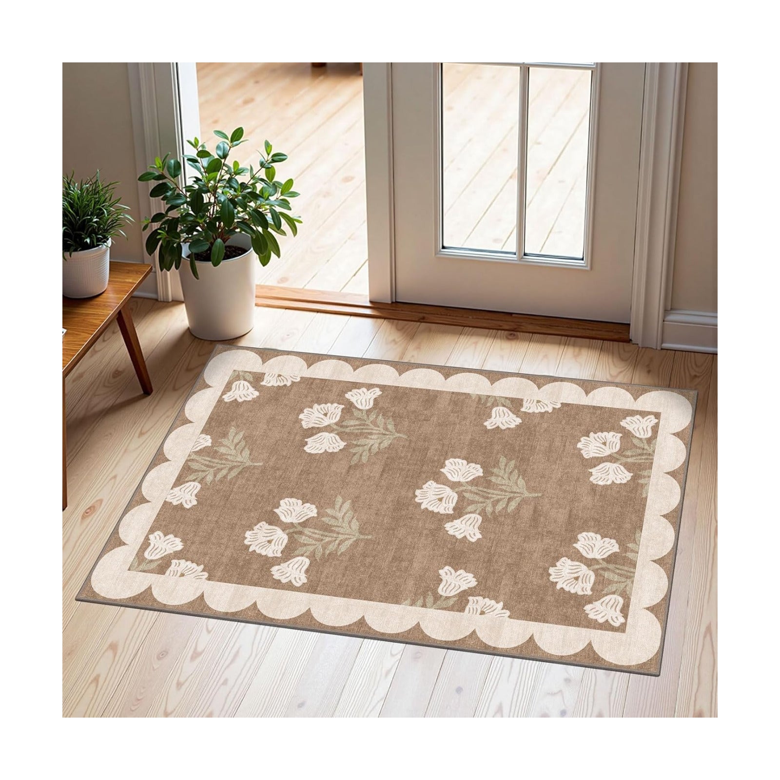Front Door Mat Outside Entrance - 2x3 Floral Non-Slip Washable Doormat Indoor Outdoor Mat Tan Neutral Farmhouse