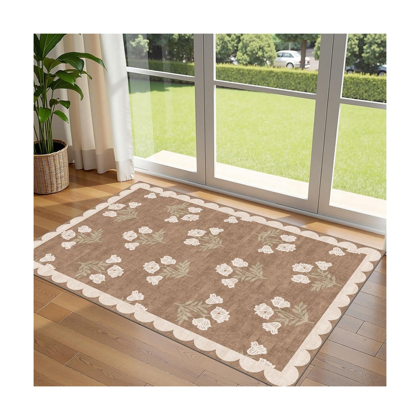 3x5 Floral Entry Rug - Small Washable Indoor Outdoor Mats for Front Door Non-Slip Porch Rug Tan Boho Neutral Farmhouse