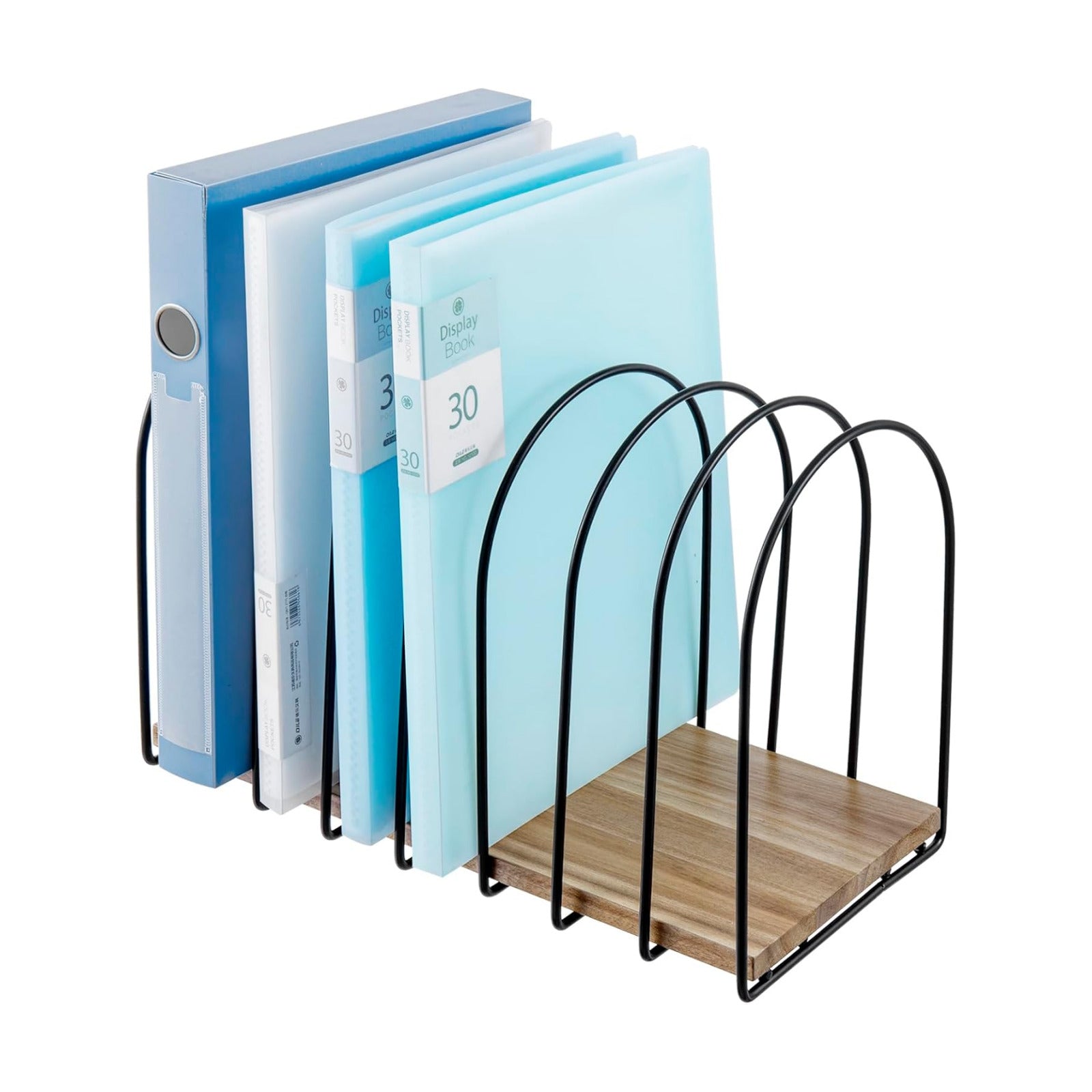 MyGift 14 Inch Large Desktop Document Holder, Premium Acacia Solid Wood and Black Metal Wire Arch 8 Section File Folder