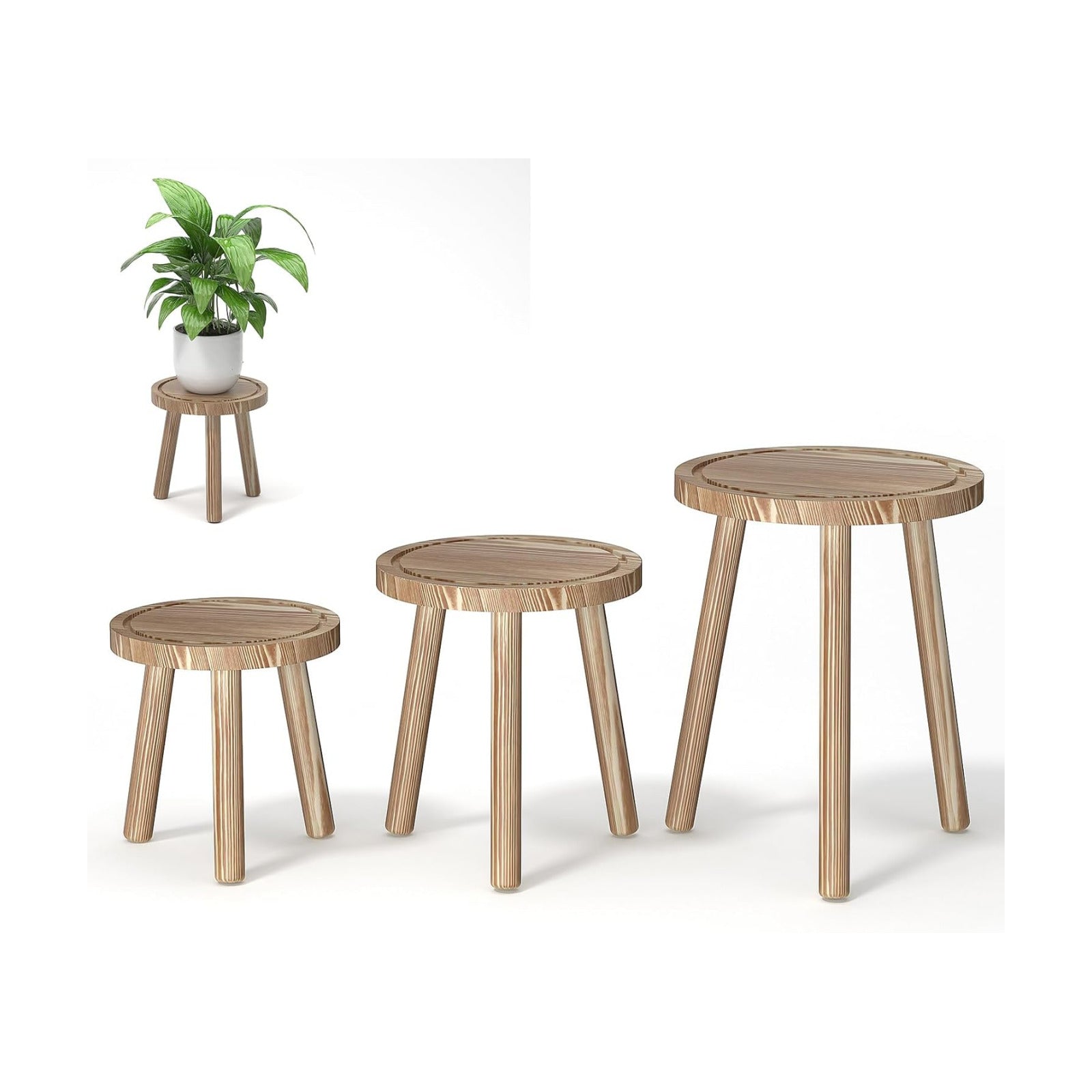3-Pack Wood Plant Stands Indoor, Single Plant Stand for 6-12 Inch Pots, Mid-Century Modern Plant Stool, Tall Plant