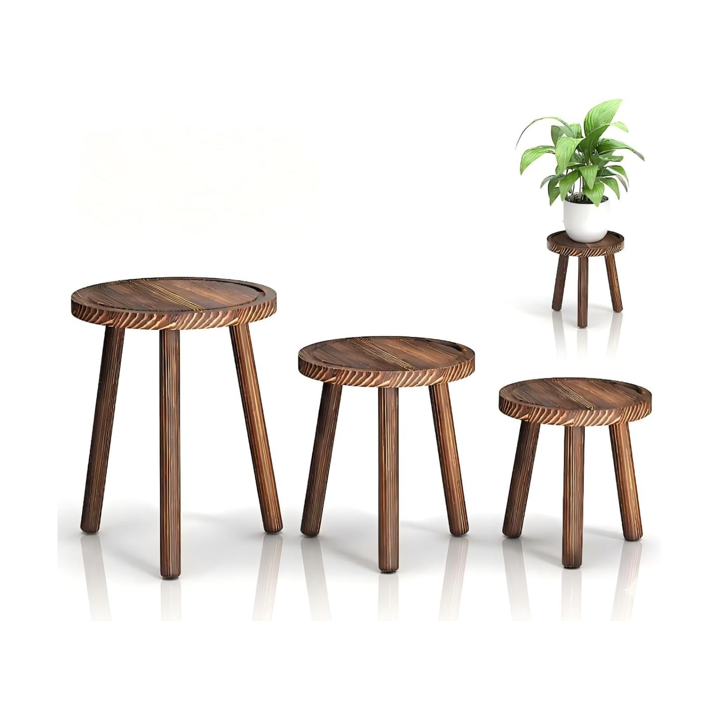 Wood Plant Stands Indoor / Heavy Burnt Color / 12 Inch / Set of 3