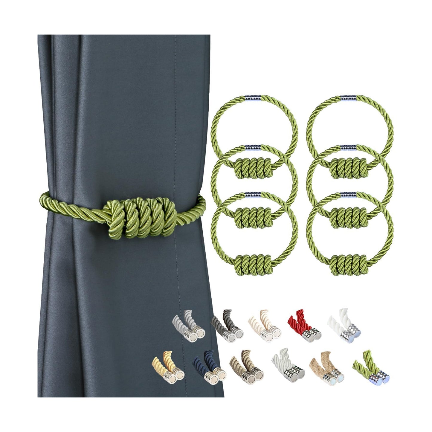 BEL AVENIR Magnetic Curtain Tiebacks 6 Pack Hand-Woven Curtain Ties | Green Decorative Curtain Holdbacks Bohemian Style