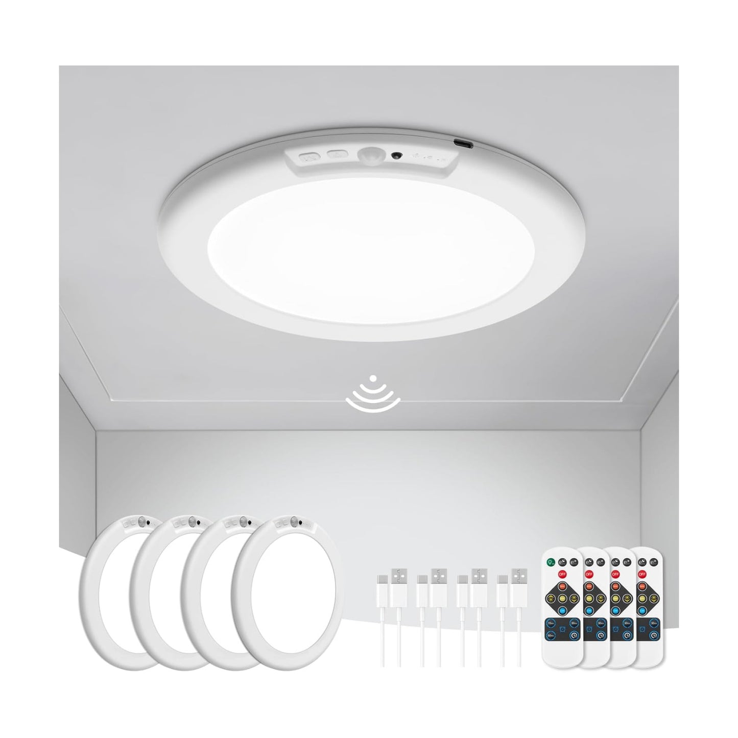 wowatt 4Pcs Battery Operated Ceiling Lights Rechargeable with Motion Sensor | Wireless Shower Light with Remote, 3000K
