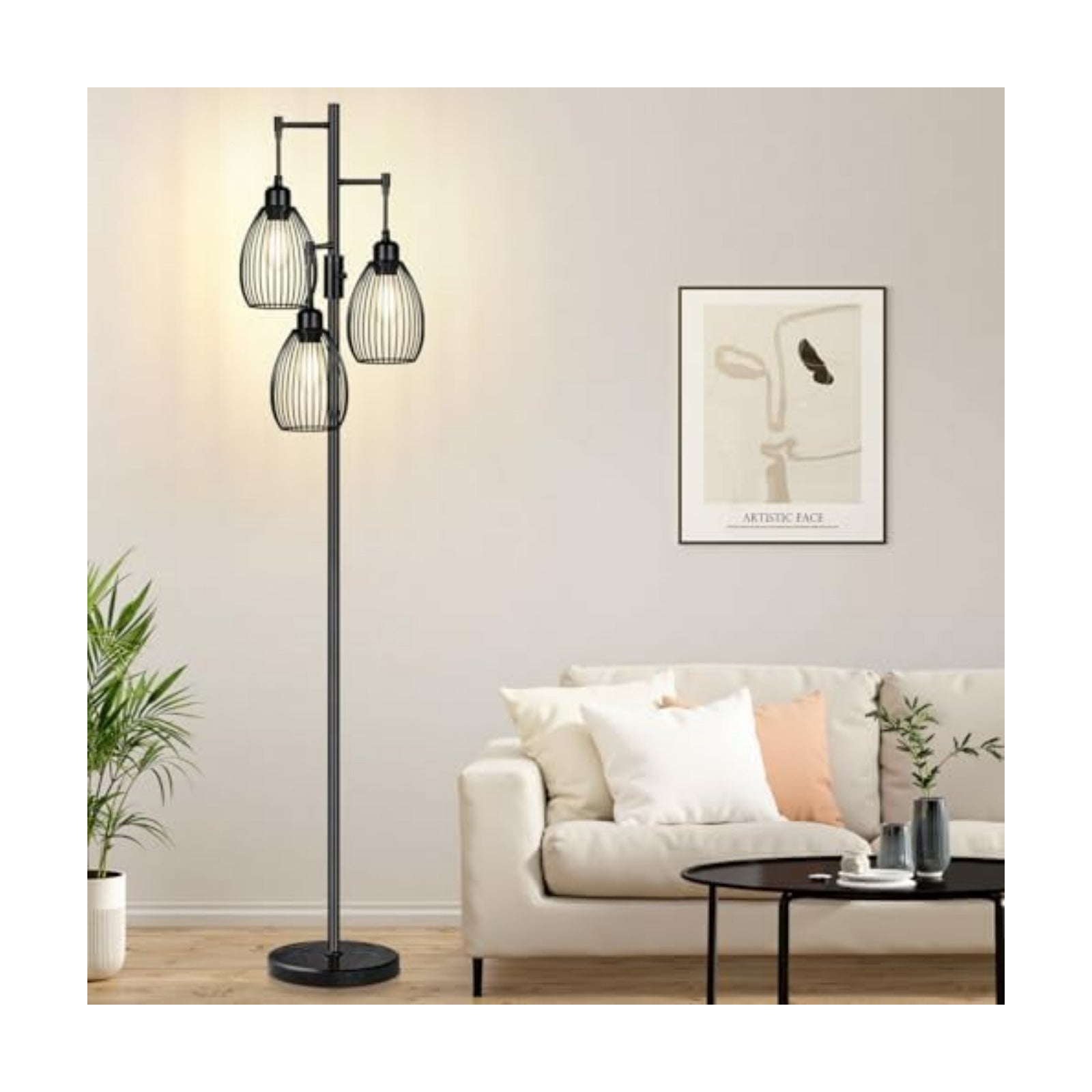 Dimmable Floor Lamp,3x800LM LED Bulbs Included, Farmhouse Industrial Floor Lamp Standing Tree Lamp with Teardrop Cage