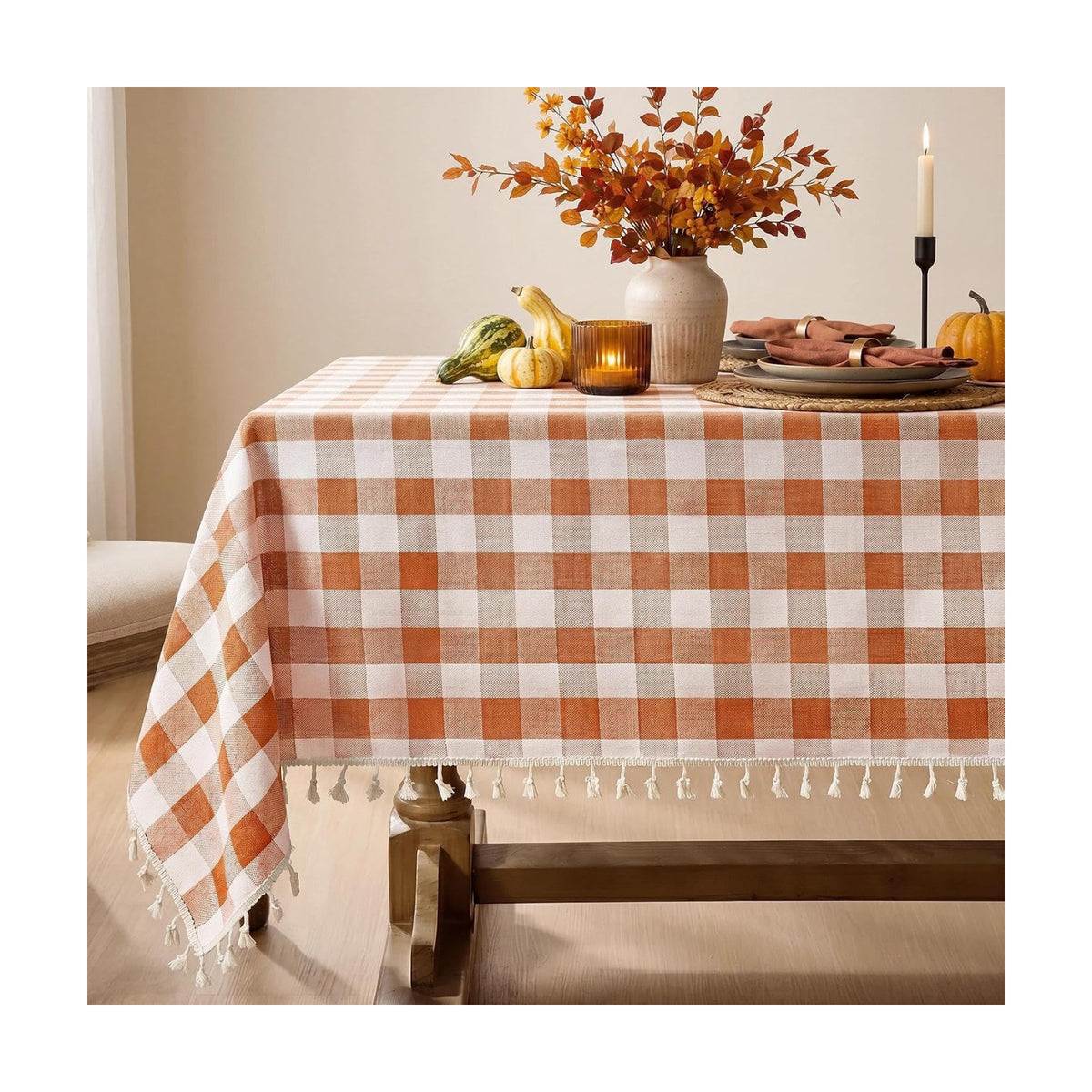Softalker Fall Gingham Rectangle Tablecloth with Tassel, Orange, 55" x 84"