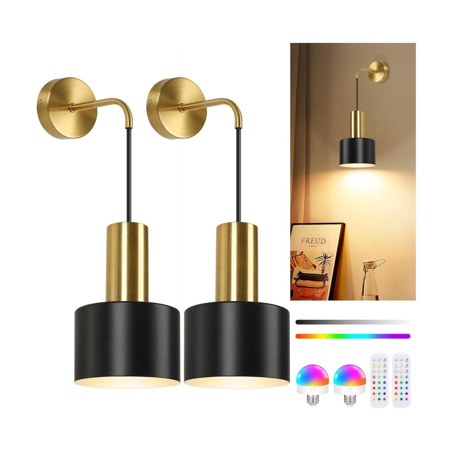 VerRon Rechargeable Wireless Battery Operated Wall Sconces Set of Two | Gold & Black Battery Powered Light with