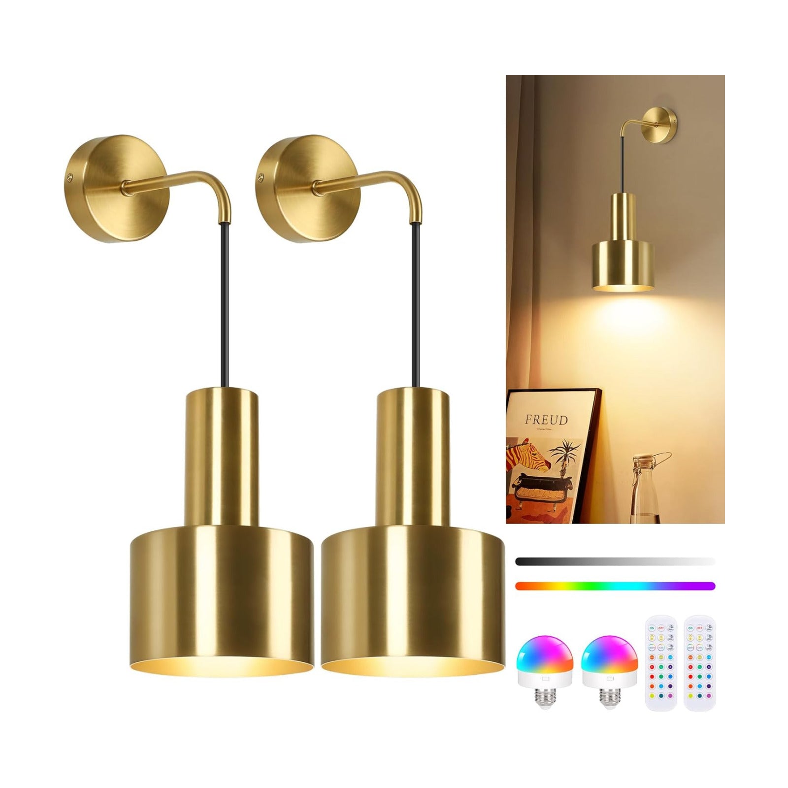 VerRon Rechargeable Wireless Battery Operated Wall Sconces Set of Two | Gold Battery Powered Lights with Dimmable