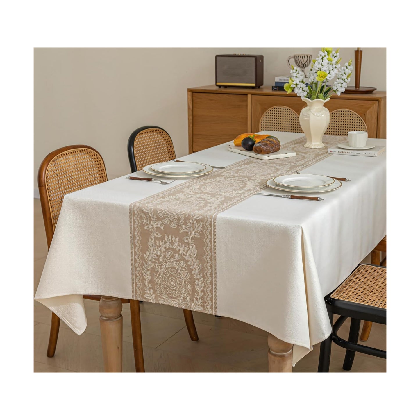 Nordic Beige Linen Tablecloth, Heavy-Duty Rectangle Cover | Spill-Resistant & Wrinkle Free Elegant Drape Table
