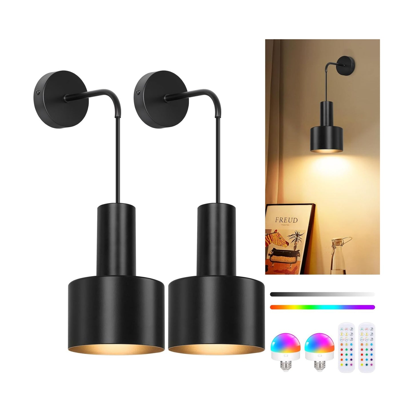 VerRon Rechargeable Wireless Battery Operated Wall Sconces Set of Two | Black Battery Powered Light with Dimmable