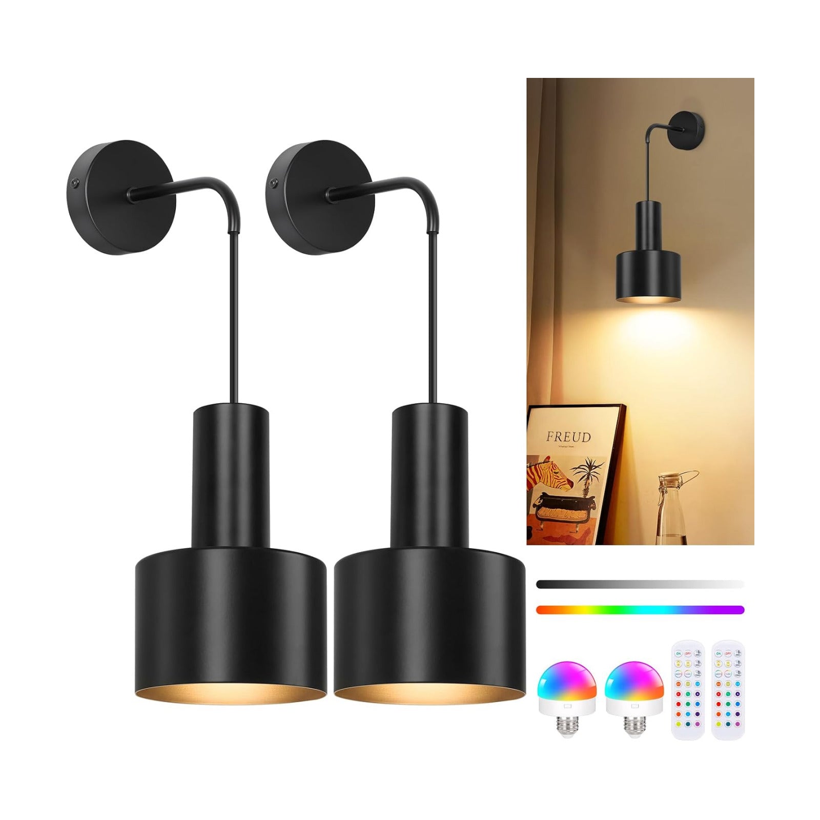 VerRon Rechargeable Wireless Battery Operated Wall Sconces Set of Two | Black Battery Powered Light with Dimmable
