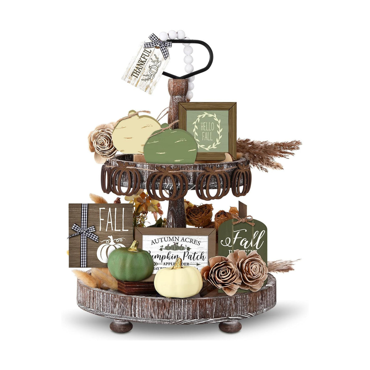 Reallnaive 18 Pcs Fall Thanksgiving Tiered Tray Decor Set Pumpkin Buffalo Plaid Wood Sign Hello Fall Rustic Farmhouse Neutral Tray Decoration Tabletop Sign for Autumn Home Kitchen Festival(Sage Green)