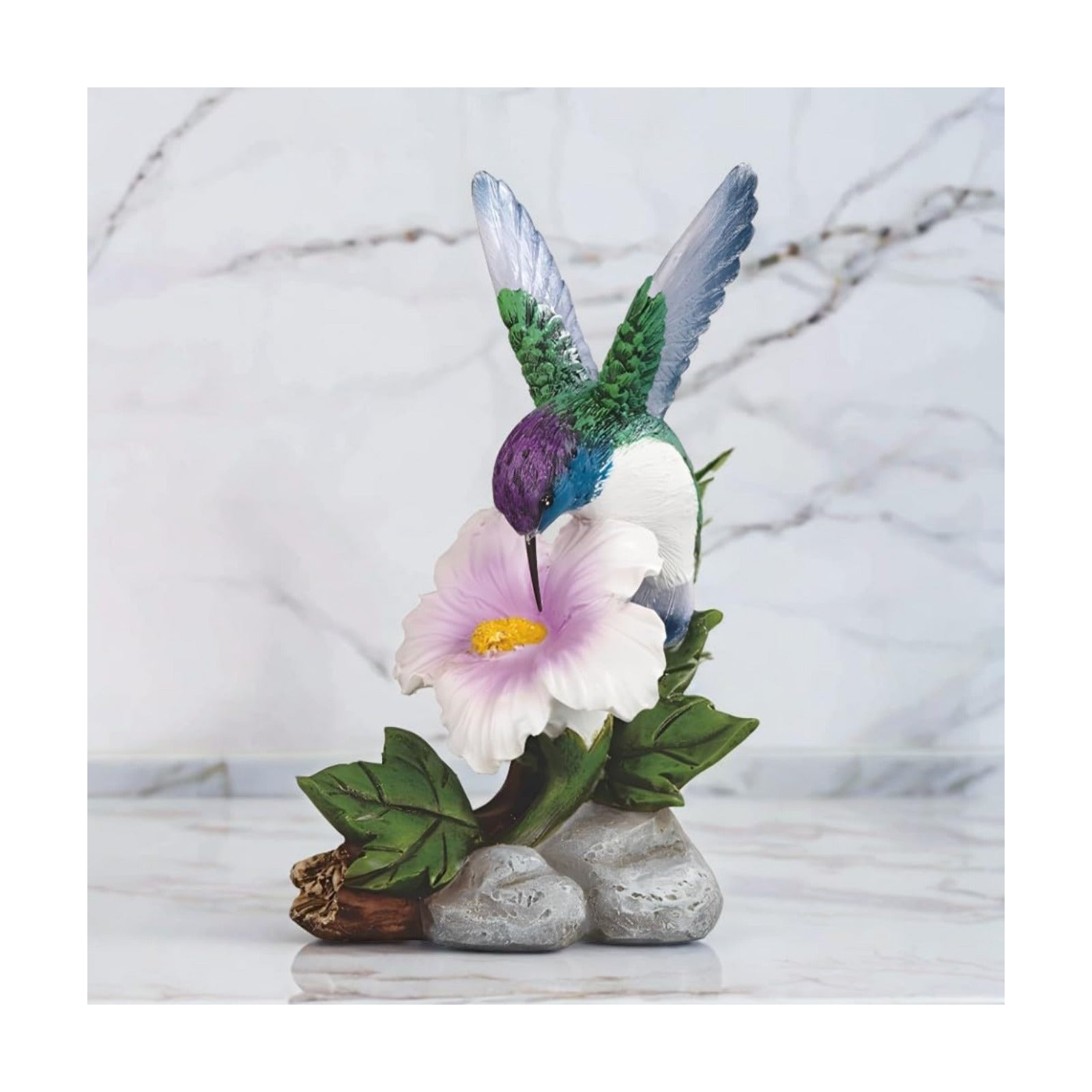 Hand Painted "H Hummingbird on Flower Figurine Statue Sculpture Ornament / Purple / 6 Inch