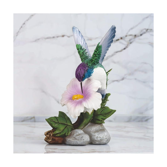 Hand Painted "H Hummingbird on Flower Figurine Statue Sculpture Ornament / Purple / 6 Inch