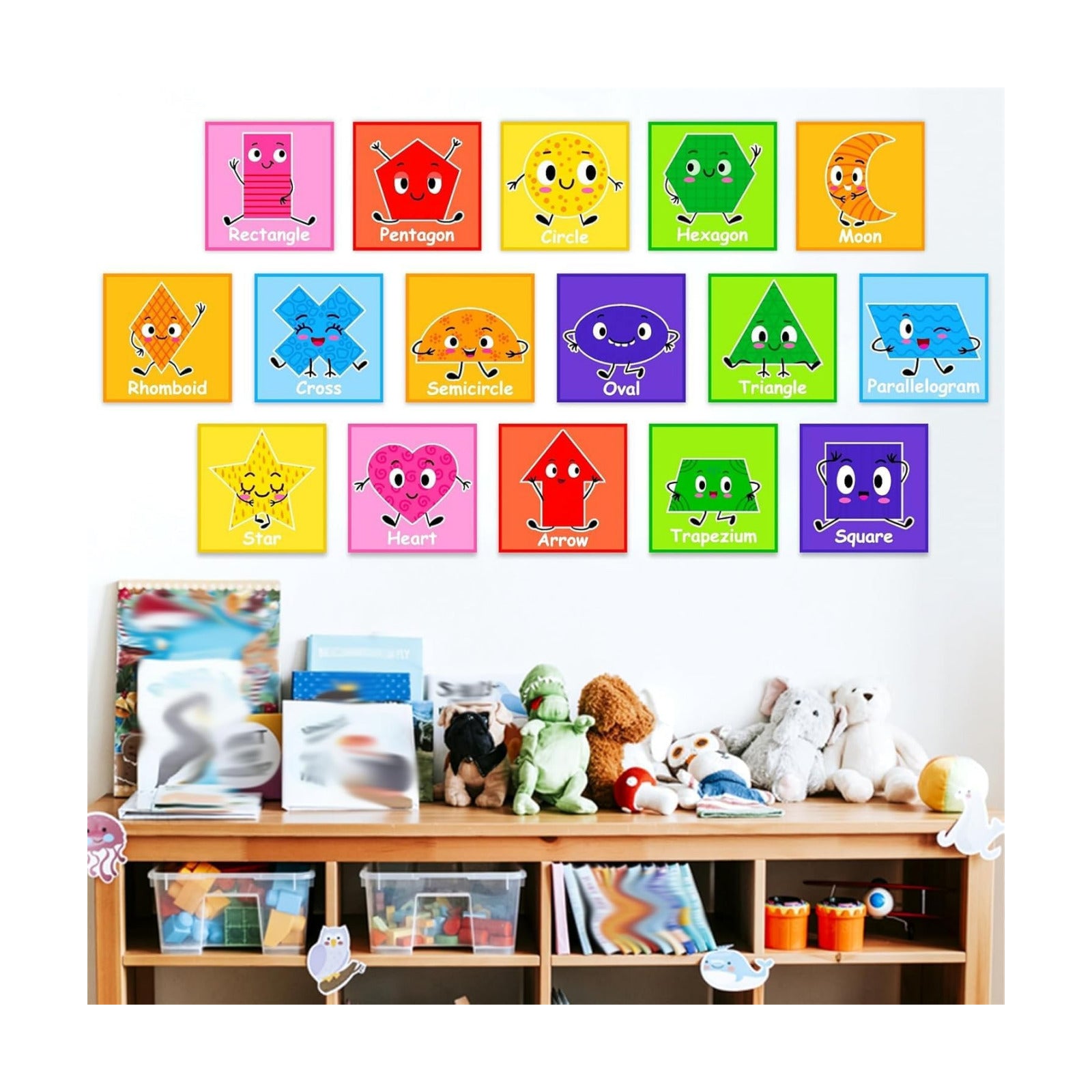 Kids Nursery Wall Decals Colorful Shape Stickers / Purple & Red / Set of 16