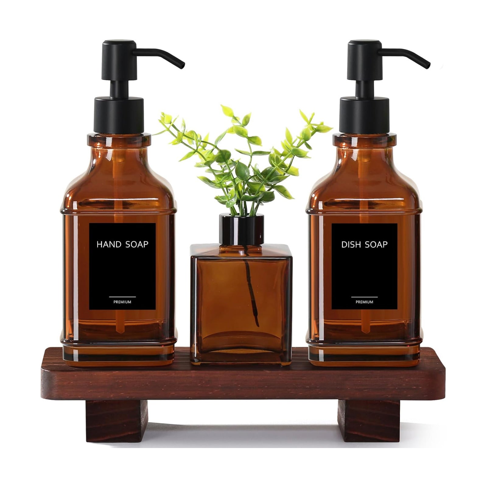 Wood Tray / Modern Kitchen Soap Dispenser Set / Amber