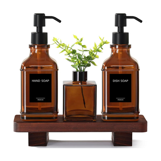 Wood Tray / Modern Kitchen Soap Dispenser Set / Amber