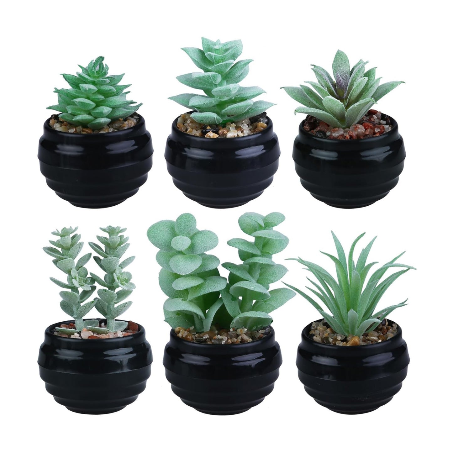Green Mini Artificial Succulents in Plastic Pots Small Fake / Green-plastic Black Pot / Set of 6