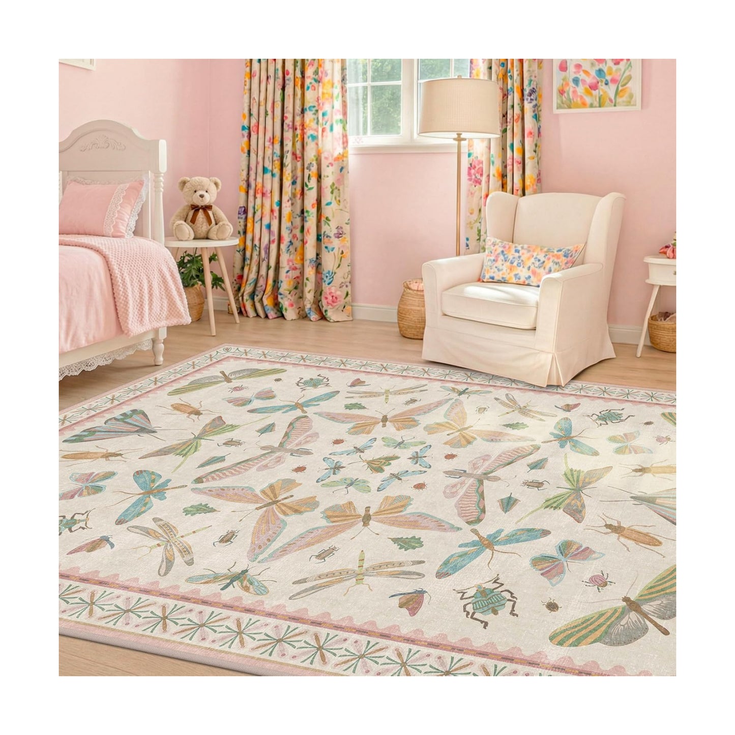 Hazo Haus Washable 5x8 Light Pink Rug for Bedroom - Pink Boho Girl Nursery Rug, Living Room, Nature Insect Bug Print