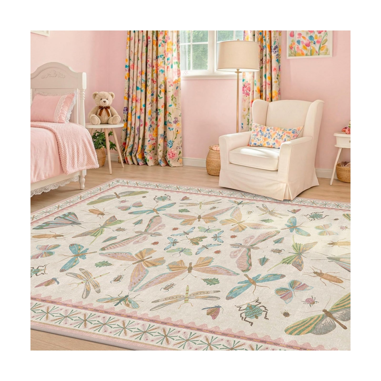 Hazo Haus Washable 5x8 Light Pink Rug for Bedroom - Pink Boho Girl Nursery Rug, Living Room, Nature Insect Bug Print