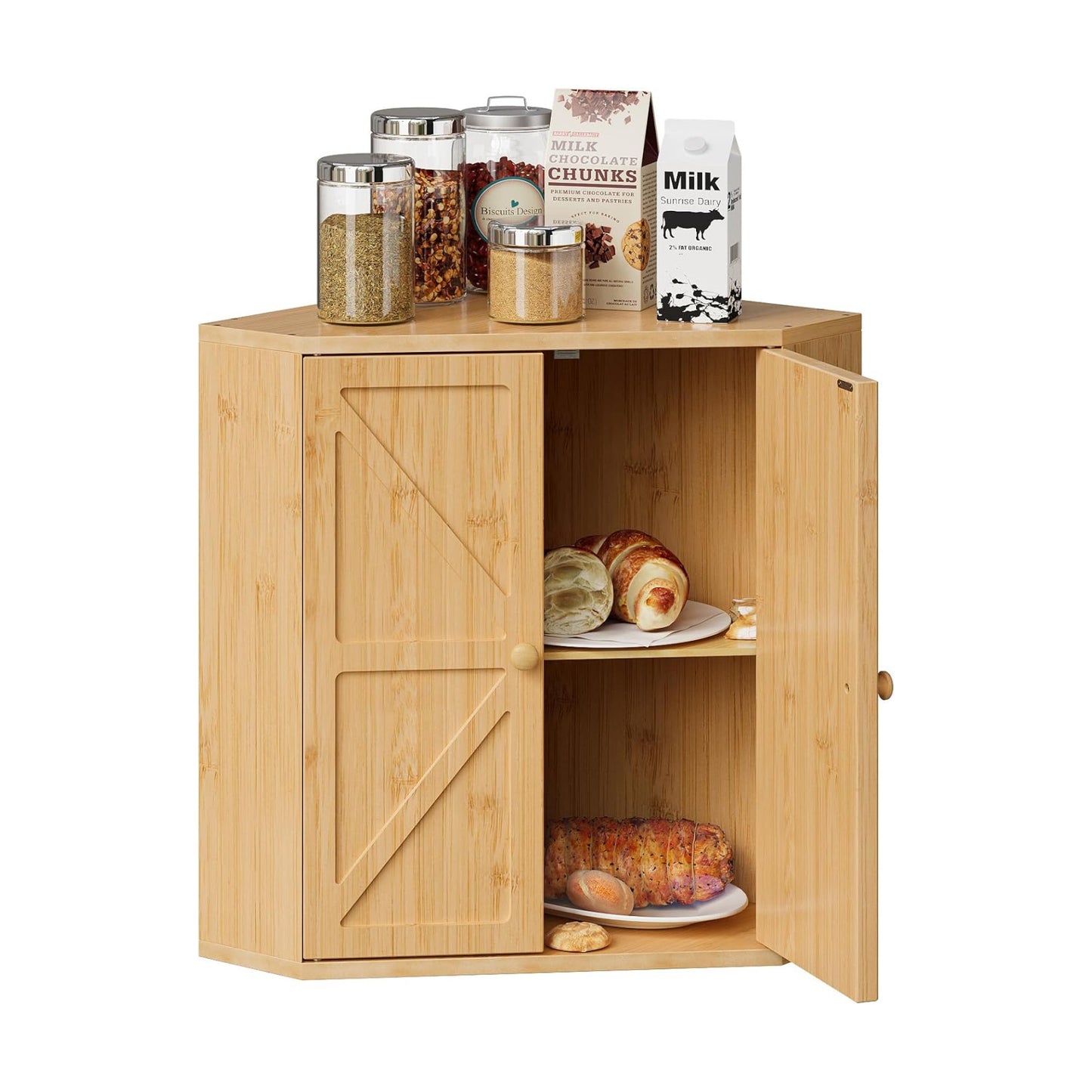 Trironsun Corner Bread Box for Kitchen Counter Double Layer Bamboo Bread Storage Container Large Capacity Bread Storage