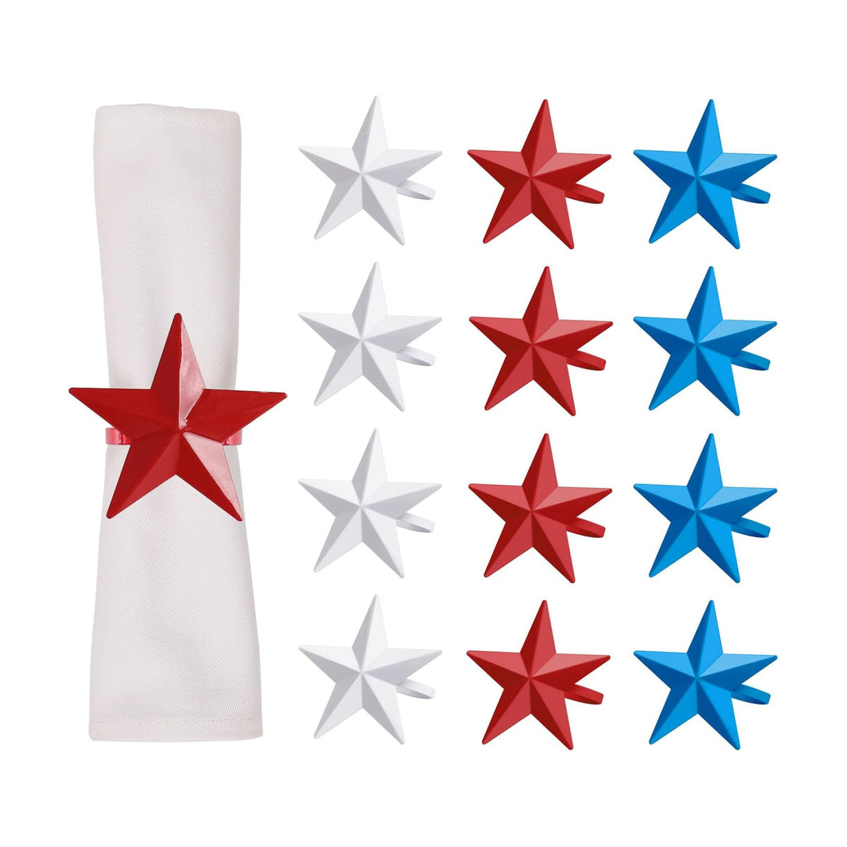 Patriotic Star Napkin Rings Set of 12, 4th of July Colorful Star Napkin Ring Holder or Independence Day, Presidential Election Day, Memorial Parties Table Celebration