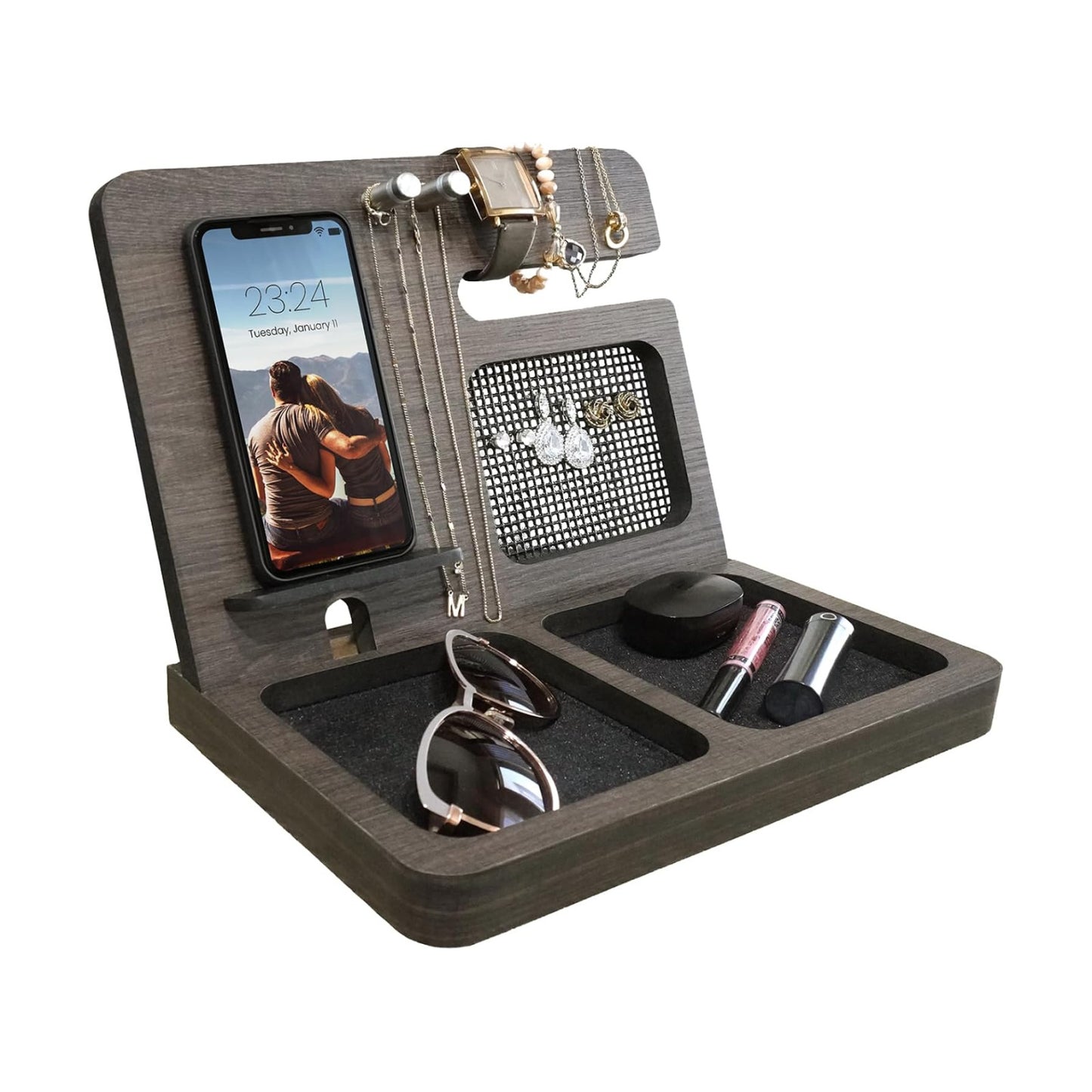 Namore Nightstand Organizer for Women – Wood Phone Docking Station & Jewelry Valet Tray for Phone, Earrings, Wallet &