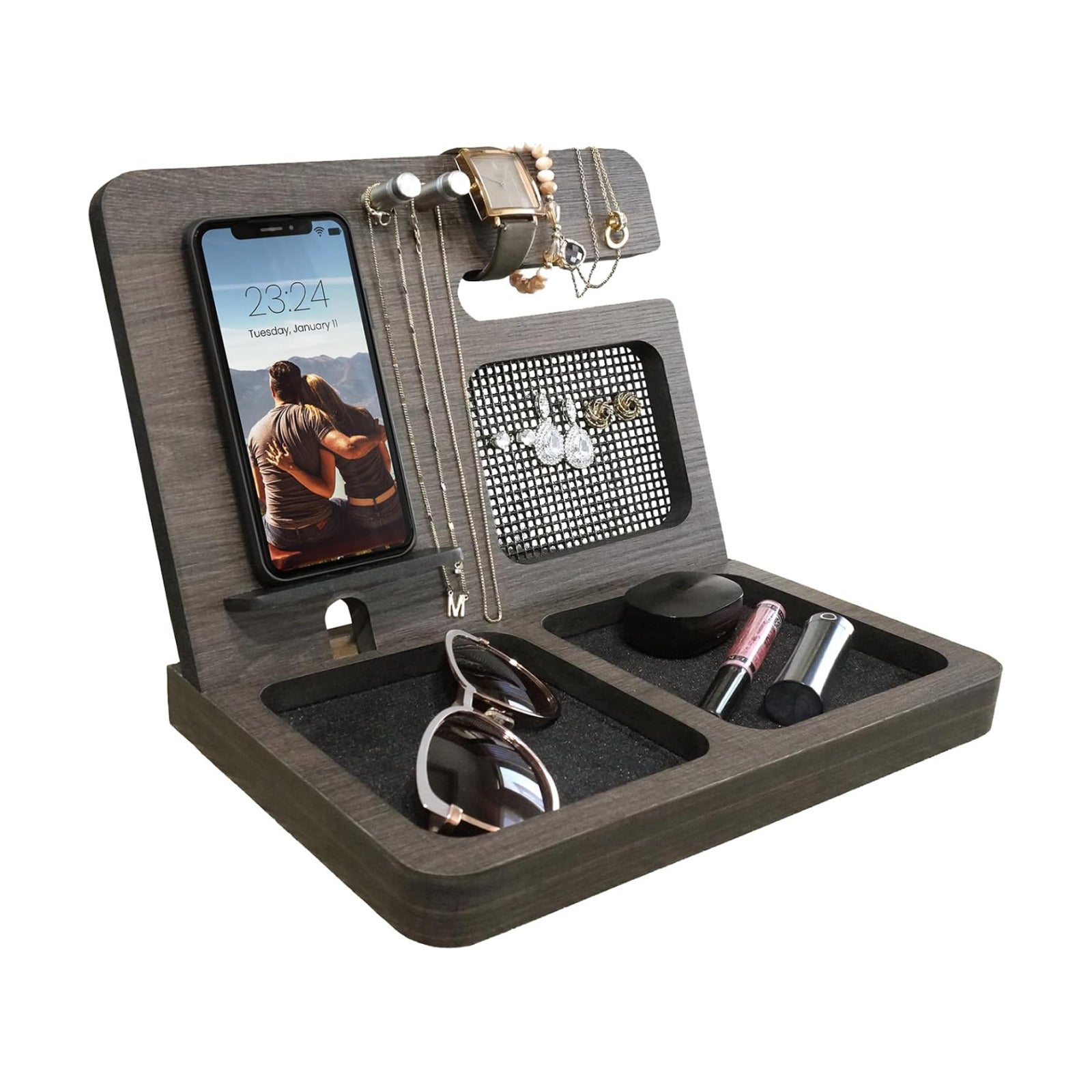 Namore Nightstand Organizer for Women – Wood Phone Docking Station & Jewelry Valet Tray for Phone, Earrings, Wallet &