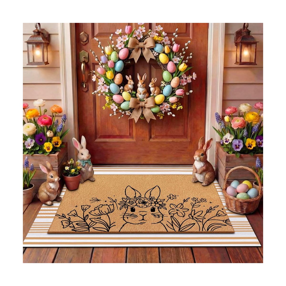 Tinideya 2 Pcs Easter Floral Bunny Layered Door Mat Set