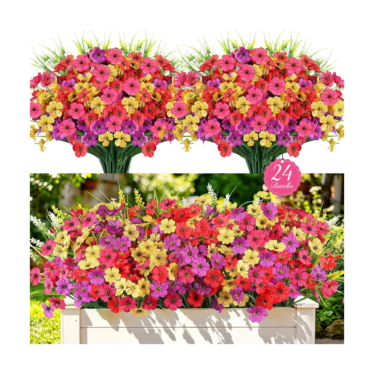 24PCS Fake Flowers Outdoor, UV Resistant Artificial Silk Flowers
