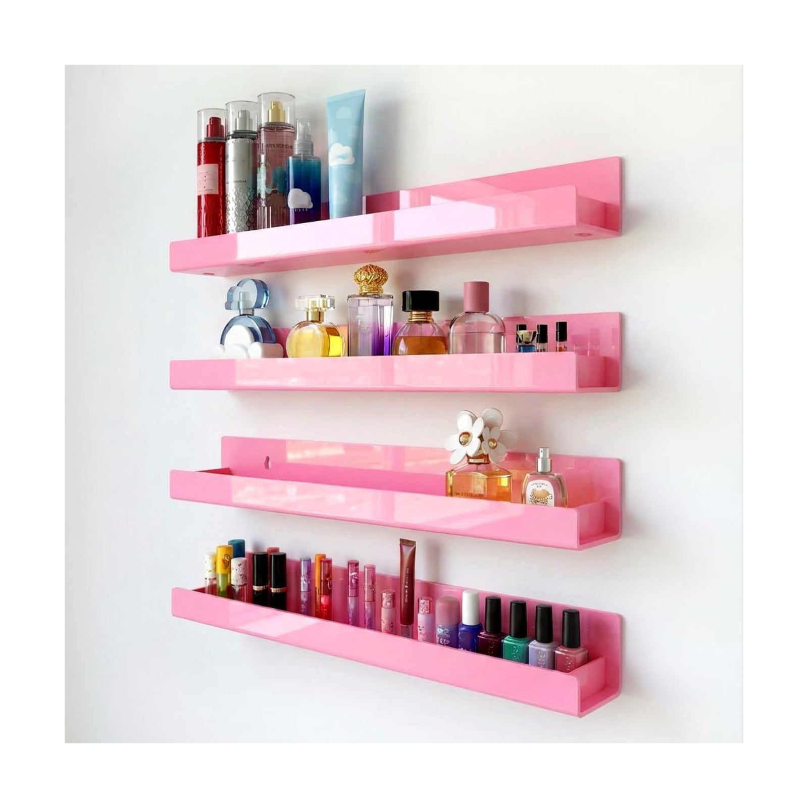4 Pack 15 Inch Pink Acrylic Floating Wall Shelves, Kids Bookshelf | Modern Display Shelf for Nail Polish, Sunglasses