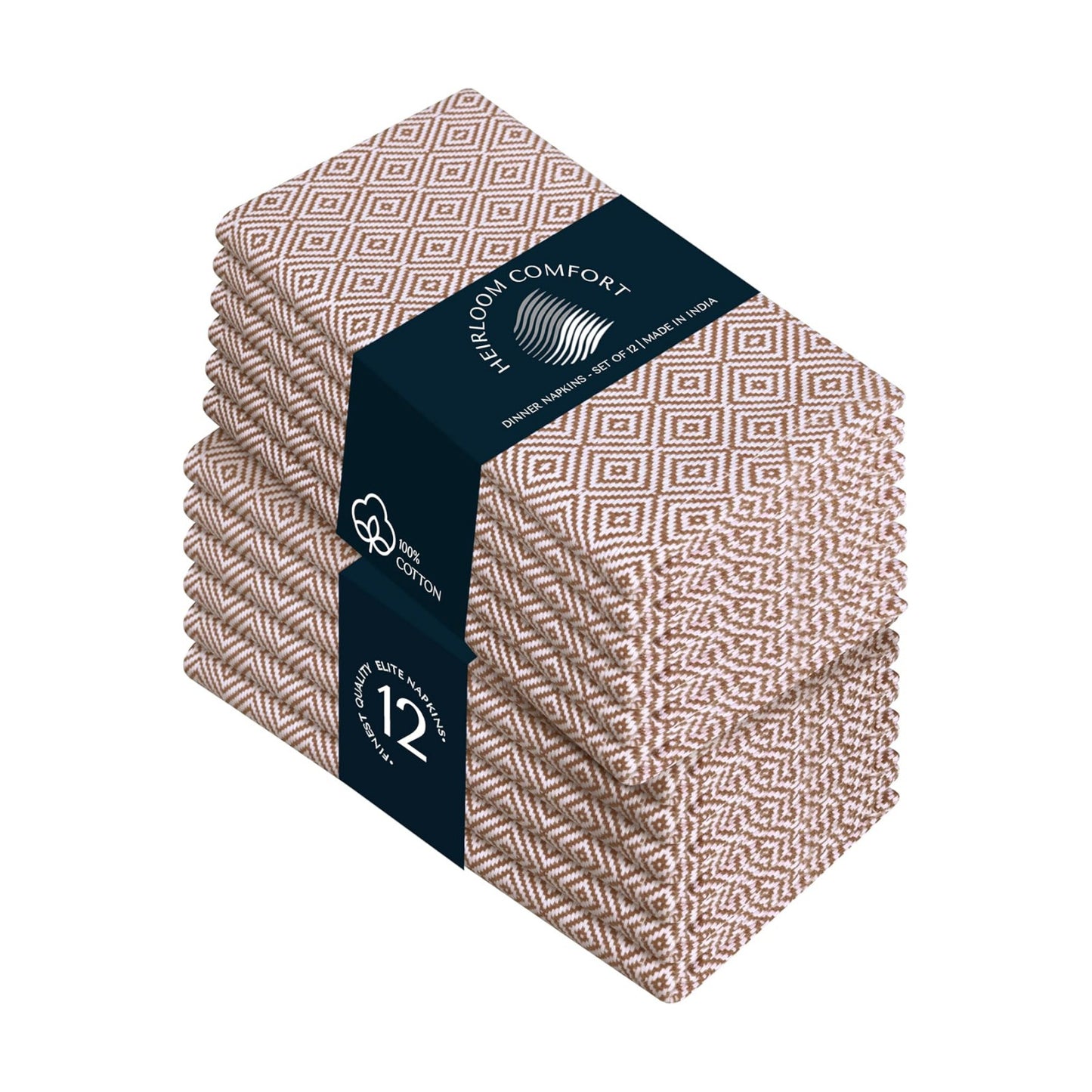 Brown Cloth Napkins Set of 12, Diamond Pattern Weave, 16x16 Inch, 100% Cotton, Durable & Washable Fabric Table Linen