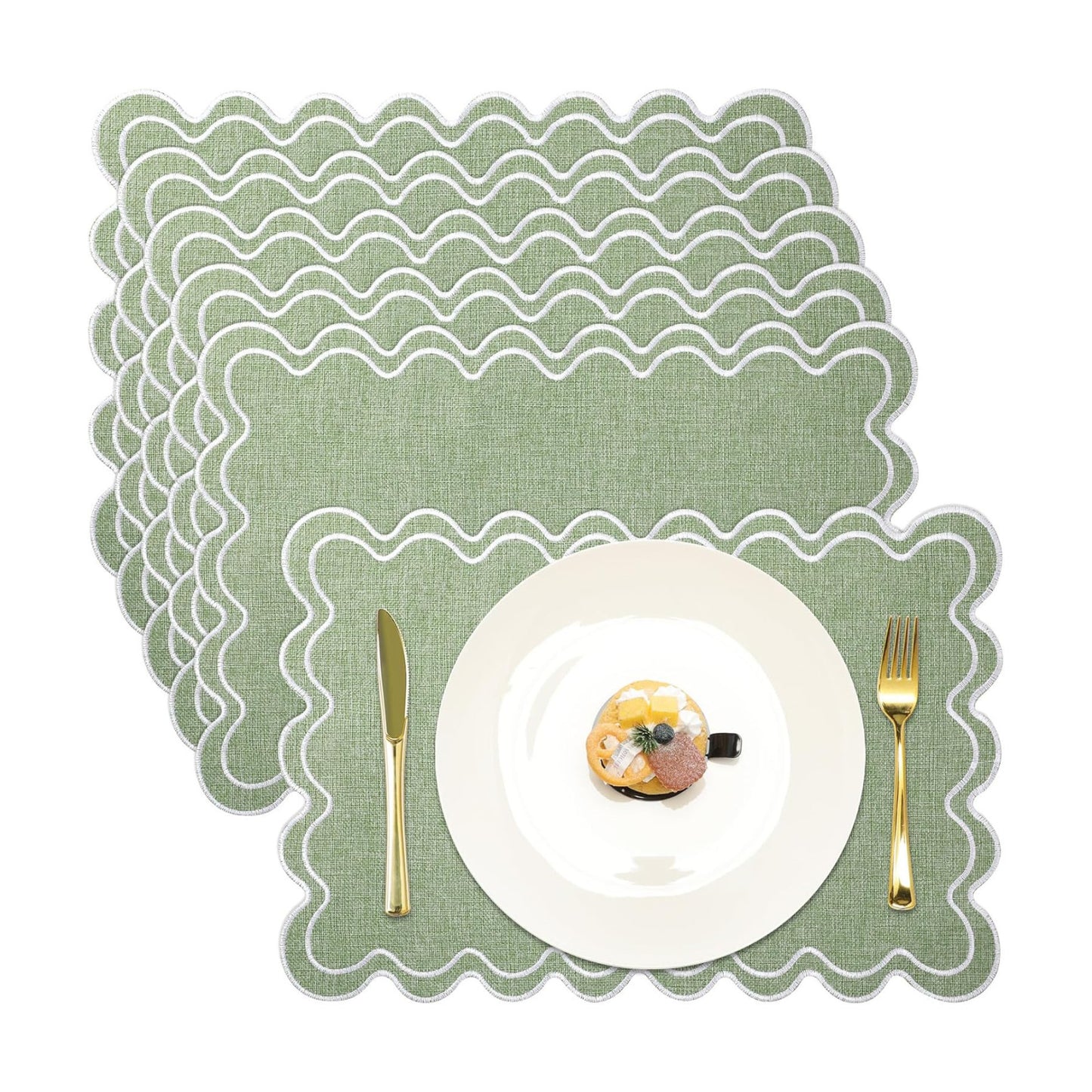 HunnmingRe Sage Green with White Set of 6 Cotton Linen Wedding Placemats, 13x19 Inch Scalloped Wavy Embroidery Placemat