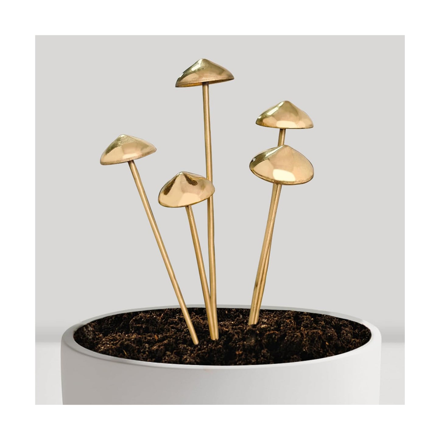 Brass Fake Mushroom Plant Stakes Metal Fairy Garden Decor for Potted Plants Indoor / Set of 5