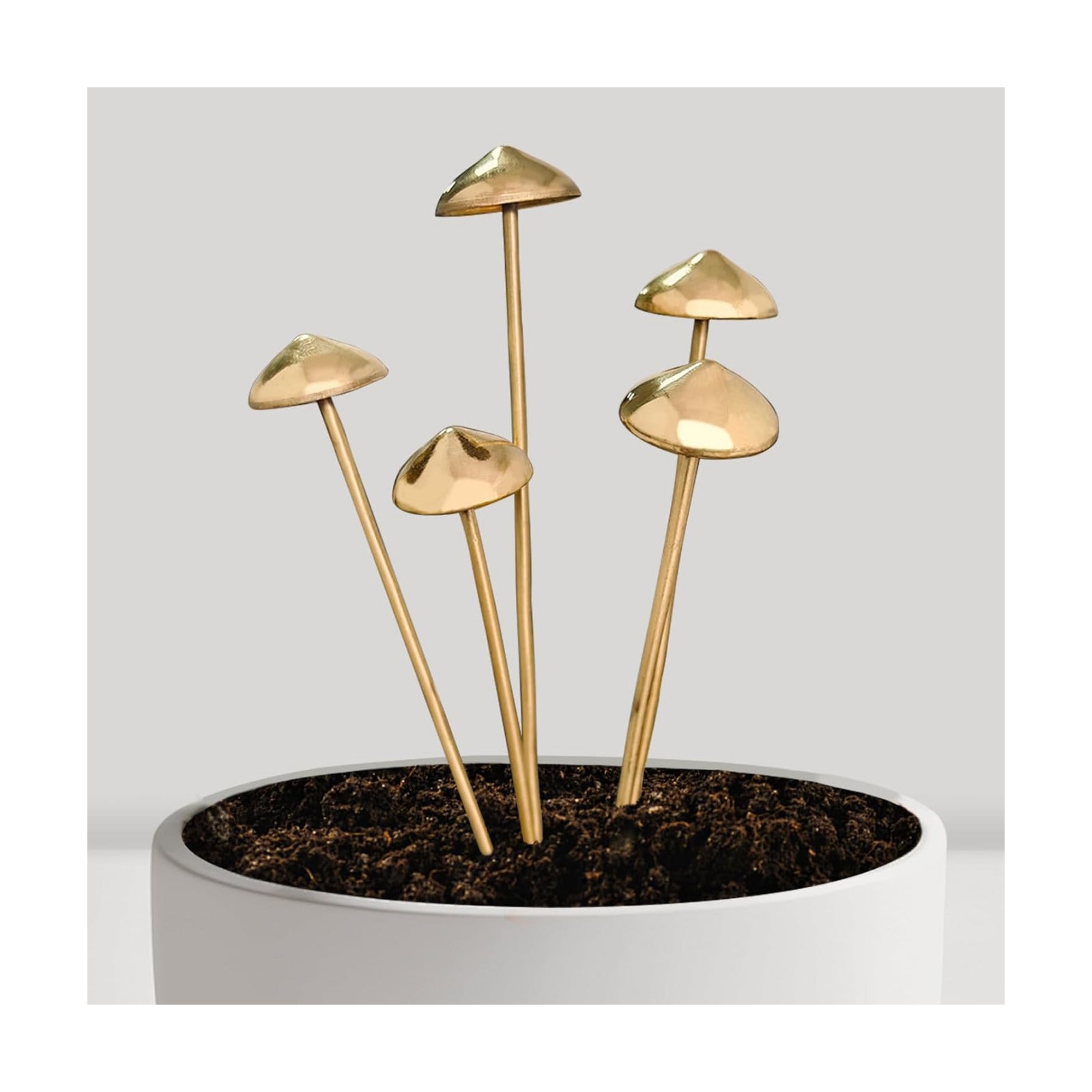 Brass Fake Mushroom Plant Stakes Metal Fairy Garden Decor for Potted Plants Indoor / Set of 5