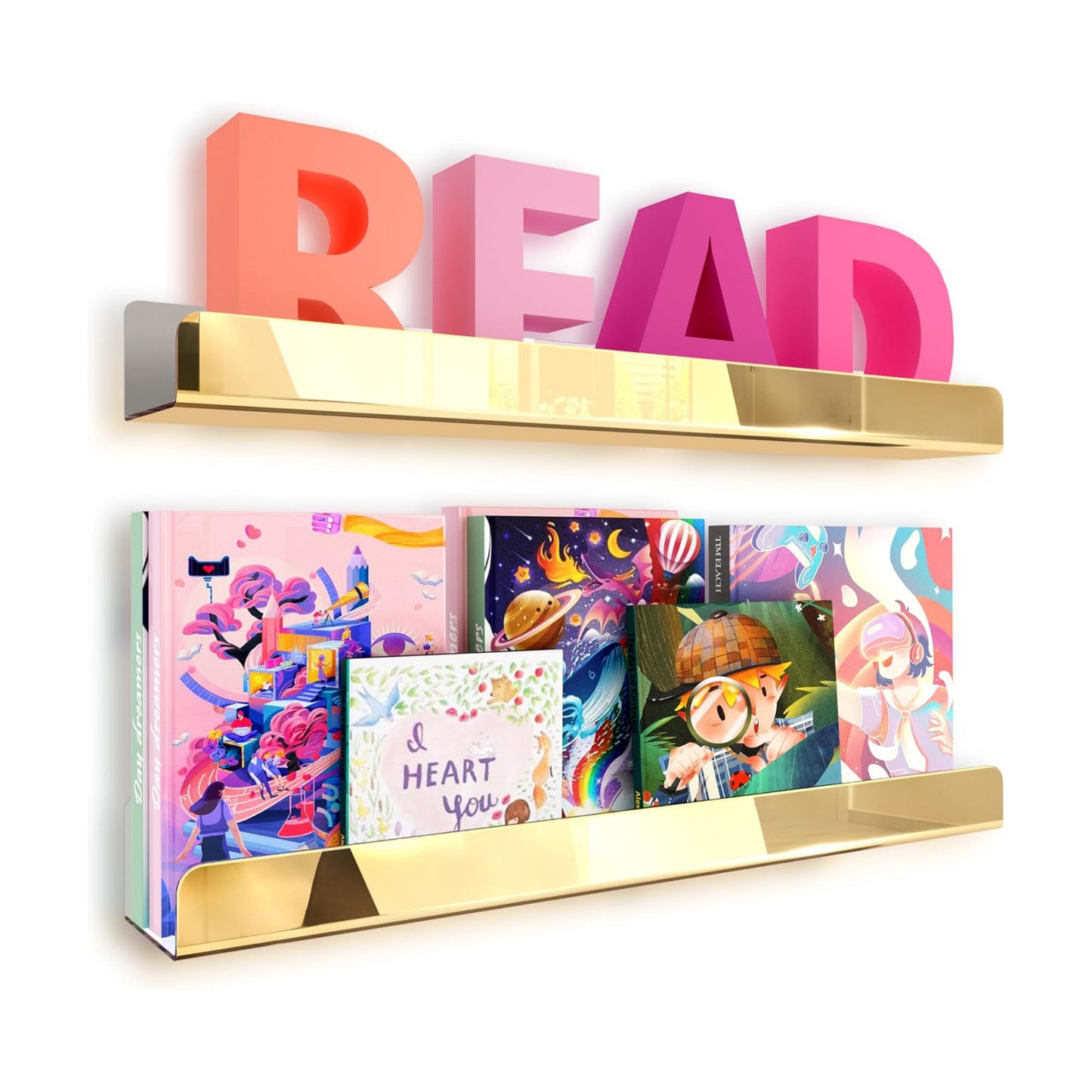 2 Packs 24 inches Gold Acrylic Shelves,Book Shelf for wall | Wall Mounted Display for Kids