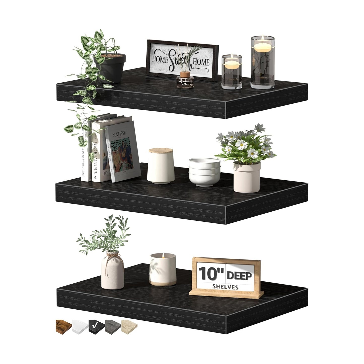 QEEIG 10" Deep Floating Projector Shelves Under TV Shelf (Black, Set of 3)