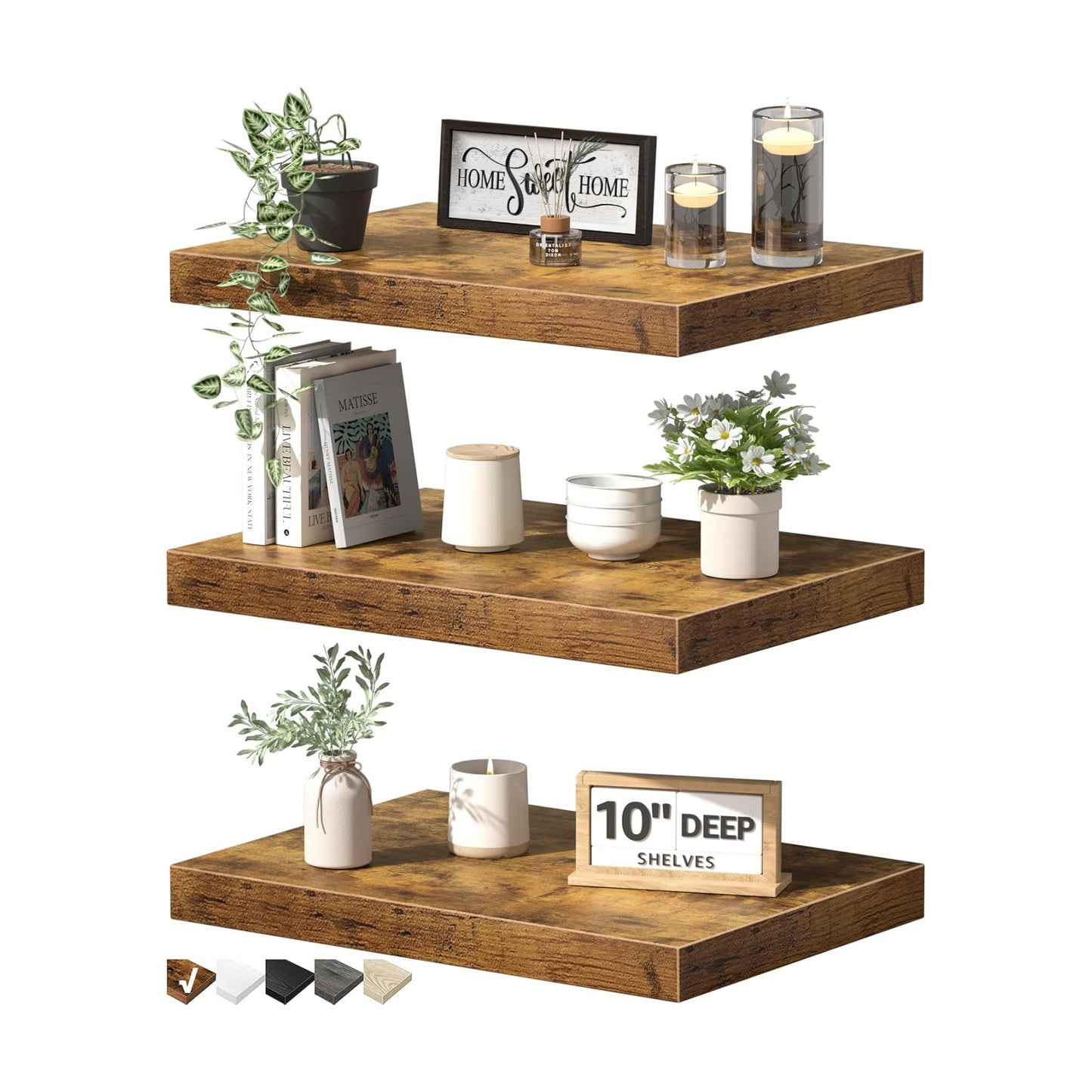 QEEIG 10" Deep Floating Projector Shelves Under TV Shelf (Brown, Set of 3)