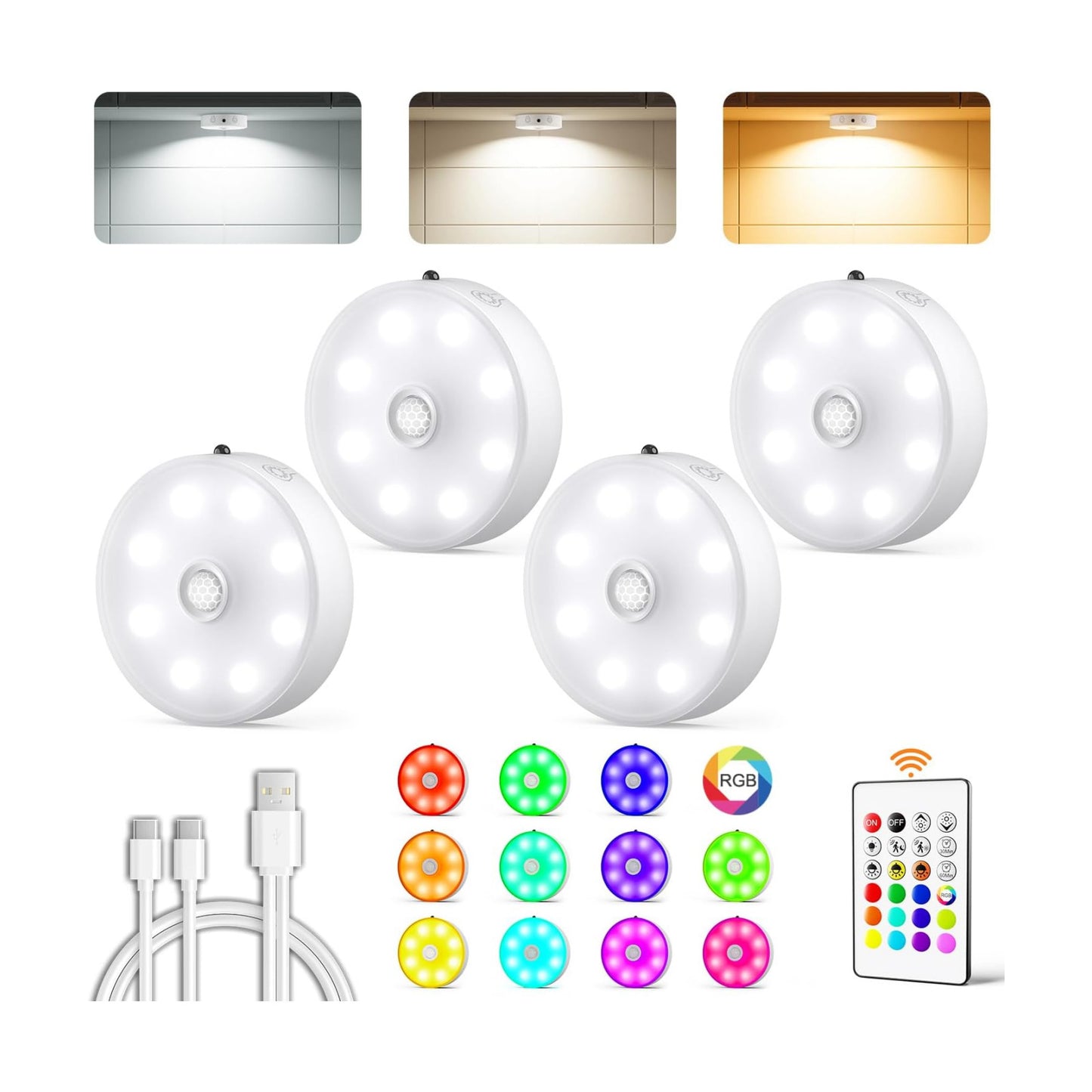 LENOMA Puck Lights with Remote 4 Pack Rechargeable Under Cabinet Lighting | 3 Color Temps 12 RGB Color LED Motion
