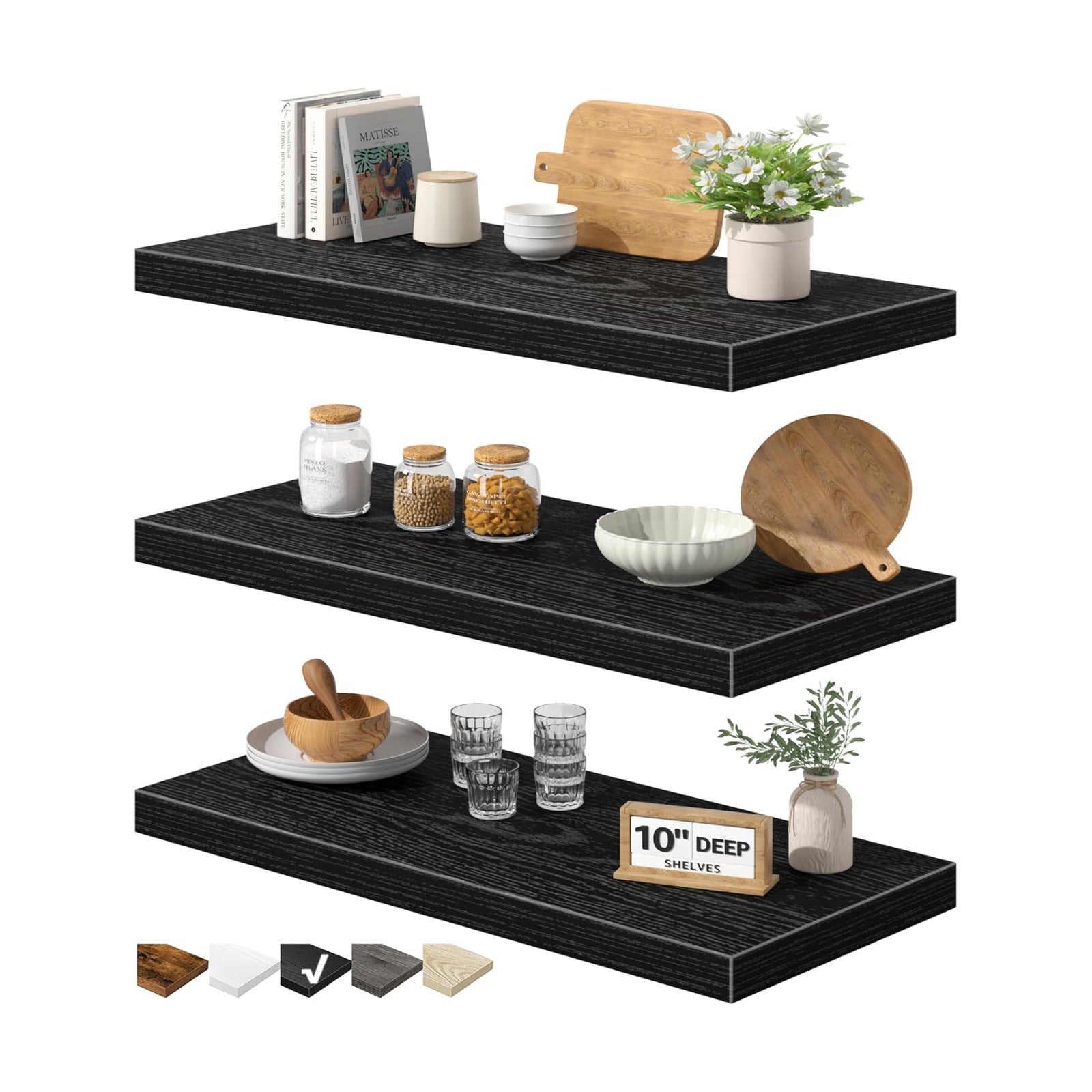 QEEIG 10" Deep Floating Shelves for Wall (Black, Set of 3, 23.6" x 10")