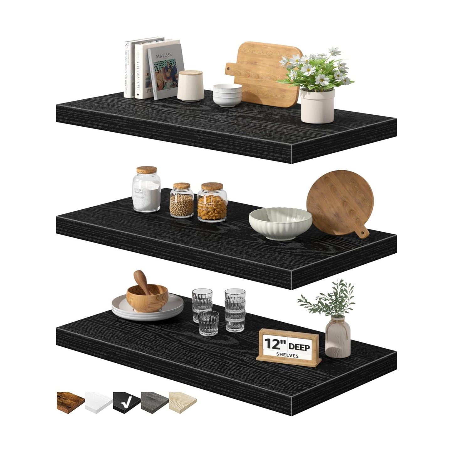 QEEIG 12" Deep Floating Shelves for Wall (Black, Set of 3, 23.6" x 12")