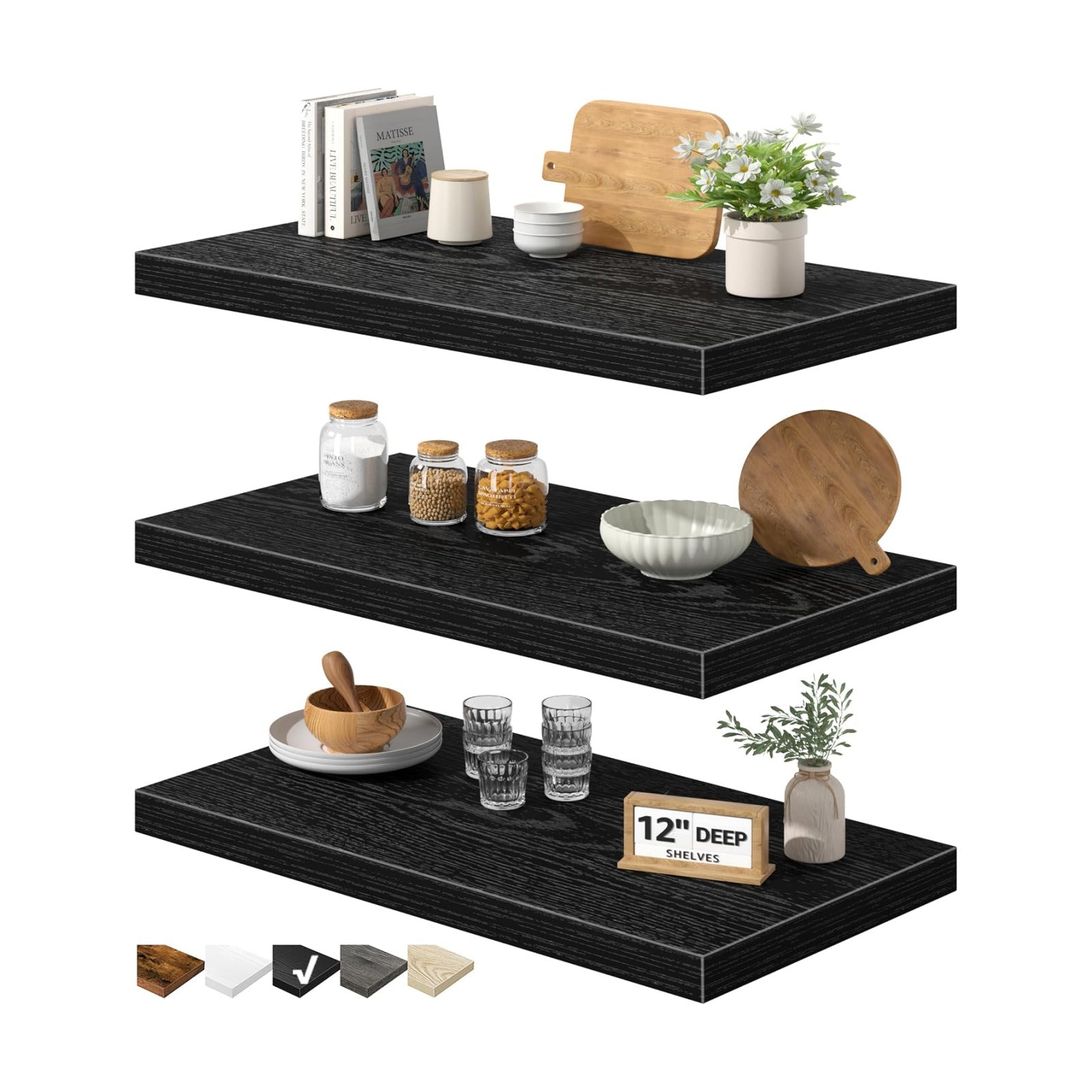 QEEIG 12" Deep Floating Shelves for Wall (Black, Set of 3, 23.6" x 12")