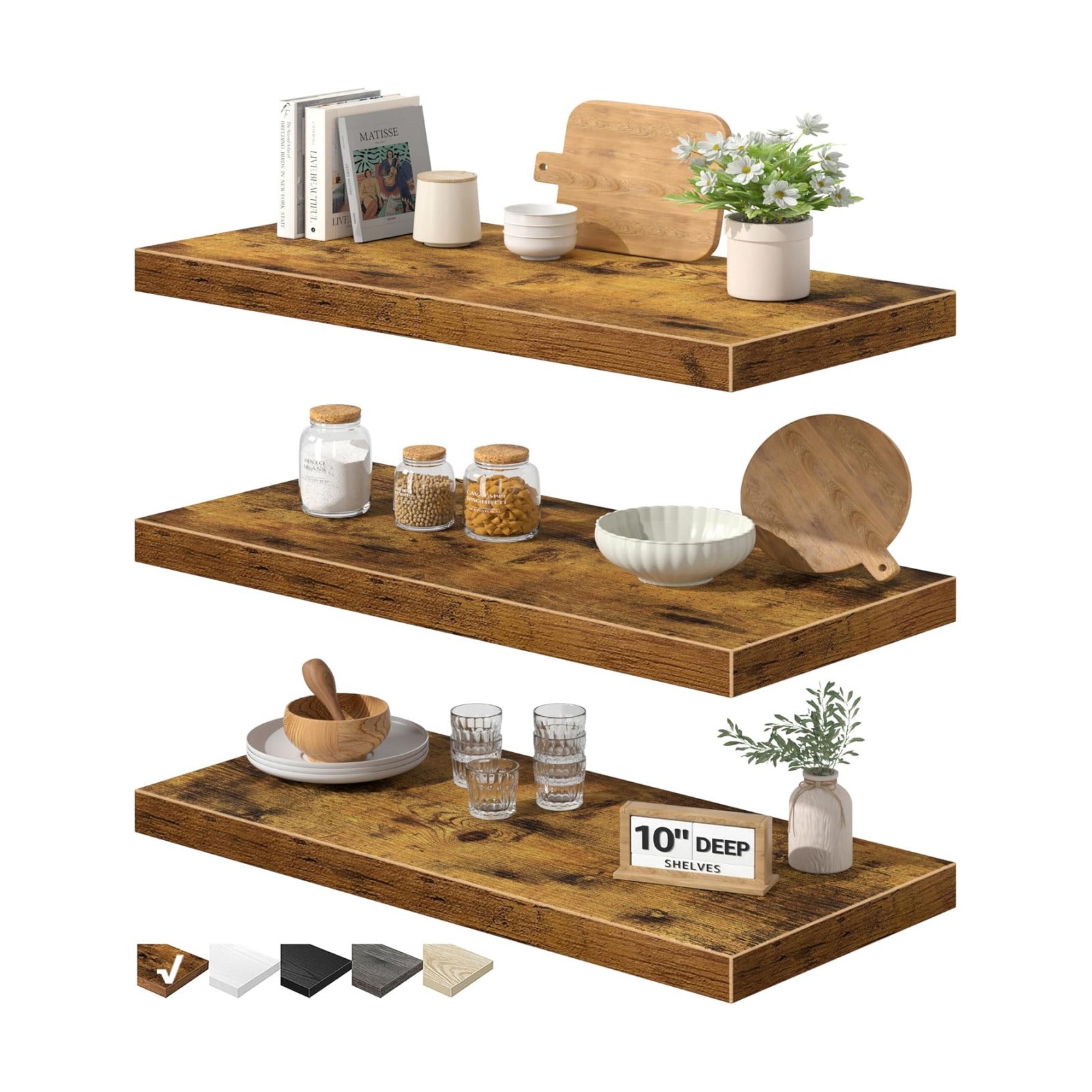 QEEIG 10" Deep Floating Shelves for Wall (Brown, Set of 3, 23.6" x 10")