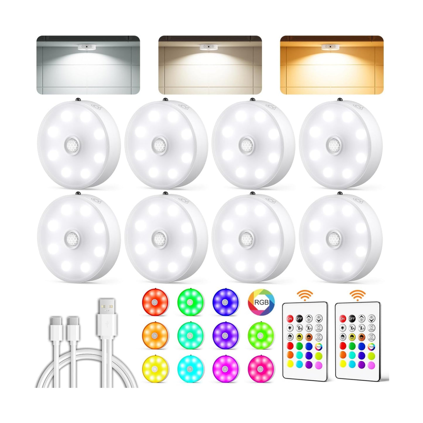 Rechargeable Puck Lights with Remote 8 Pack Under Cabinet Lighting Wireless | Motion Sensor Lights Indoor, 3 Color
