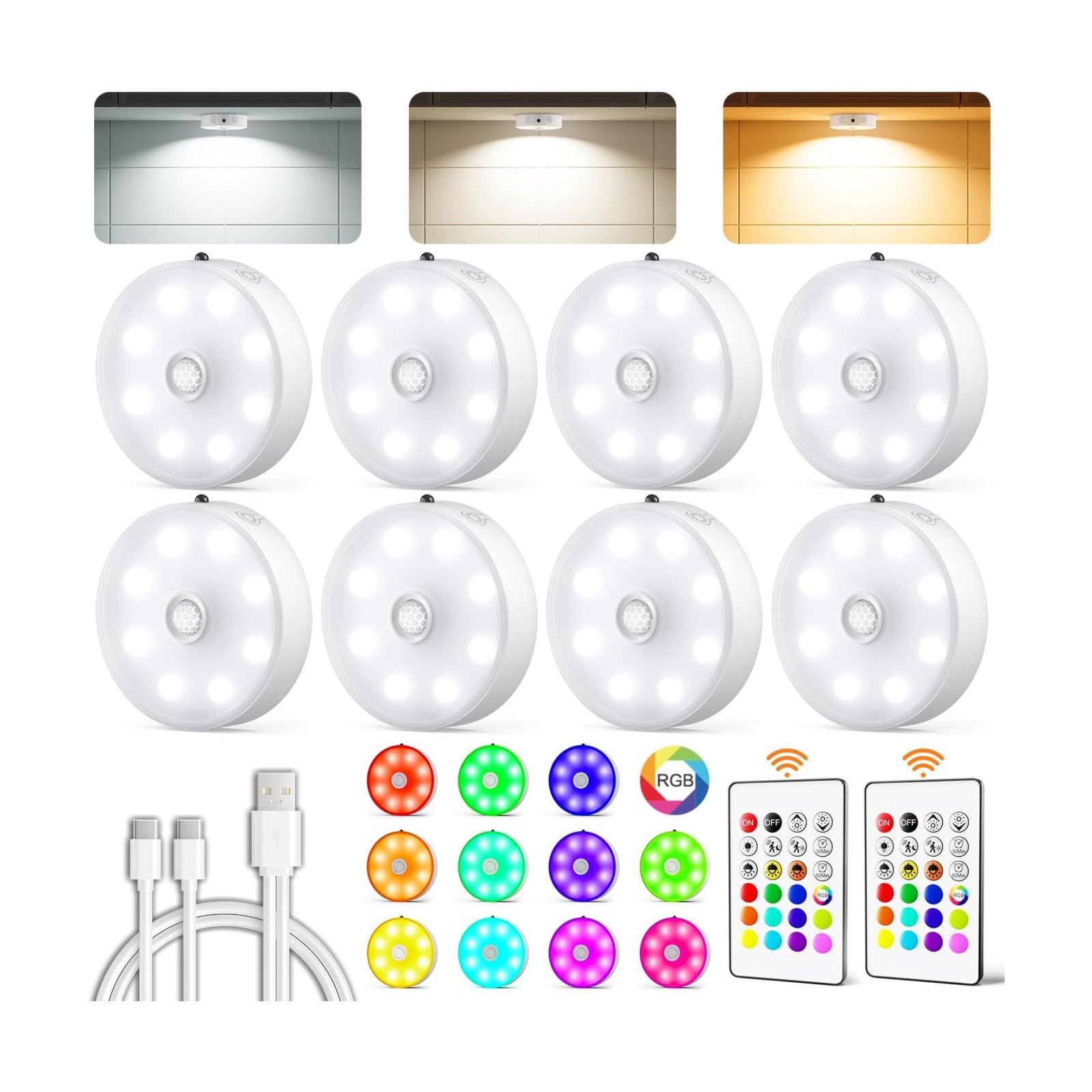 Rechargeable Puck Lights with Remote 8 Pack Under Cabinet Lighting Wireless | Motion Sensor Lights Indoor, 3 Color