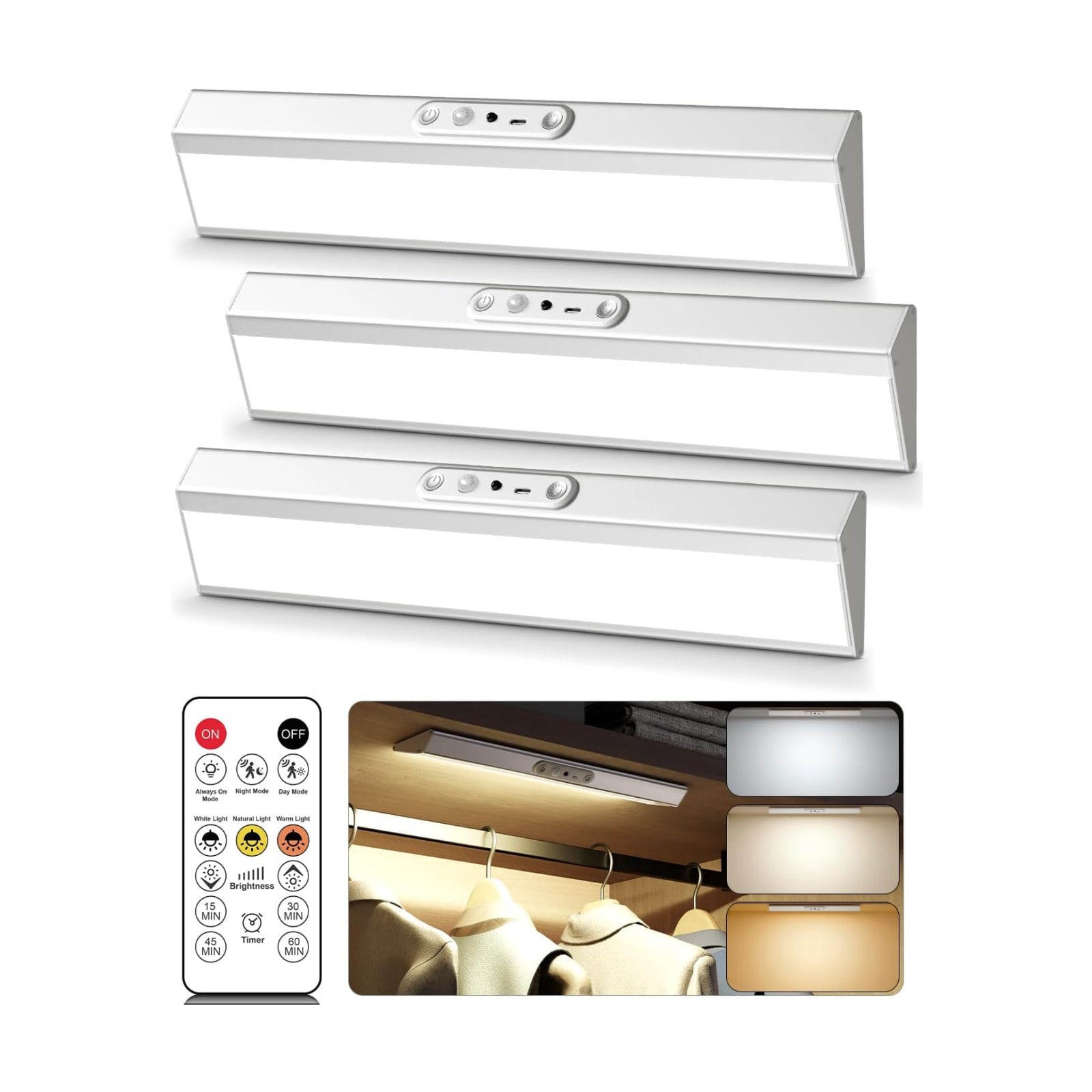 Motion Sensor Closet Lights, Eye Protection Design Cabinet Lighting Wireless with Remote, 3 Color Temps & Dimmable