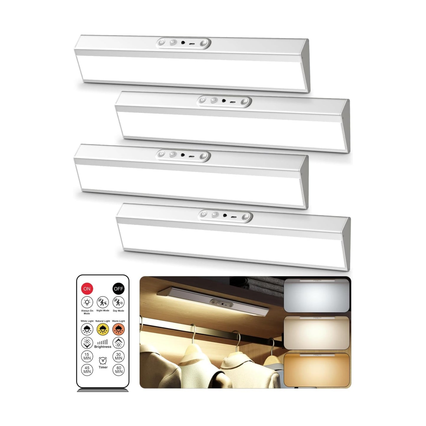 Motion Sensor Closet Lights, Eye Protection Design Cabinet Lighting Wireless with Remote, 3 Color Temps & Dimmable