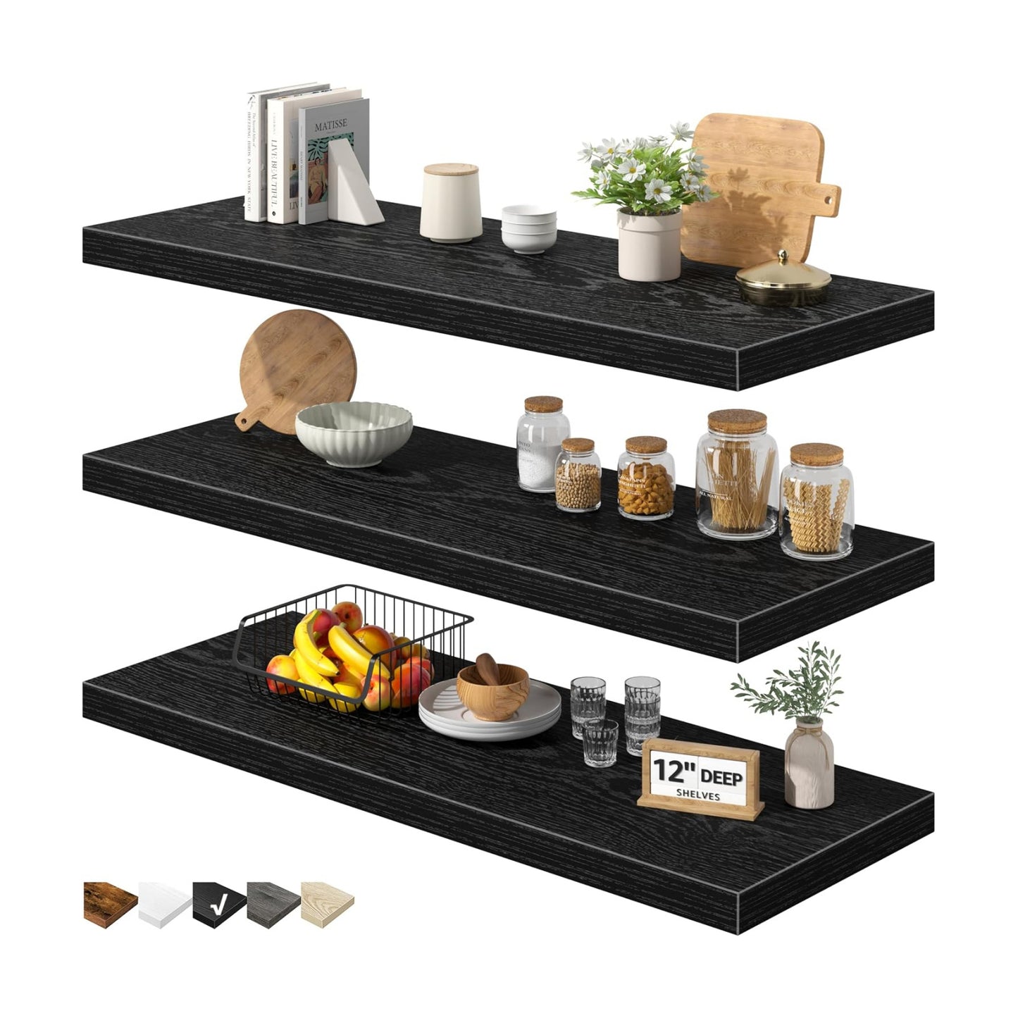 QEEIG 12" Deep Floating Shelves for Wall (Black, Set of 3, 35.4" x 12")