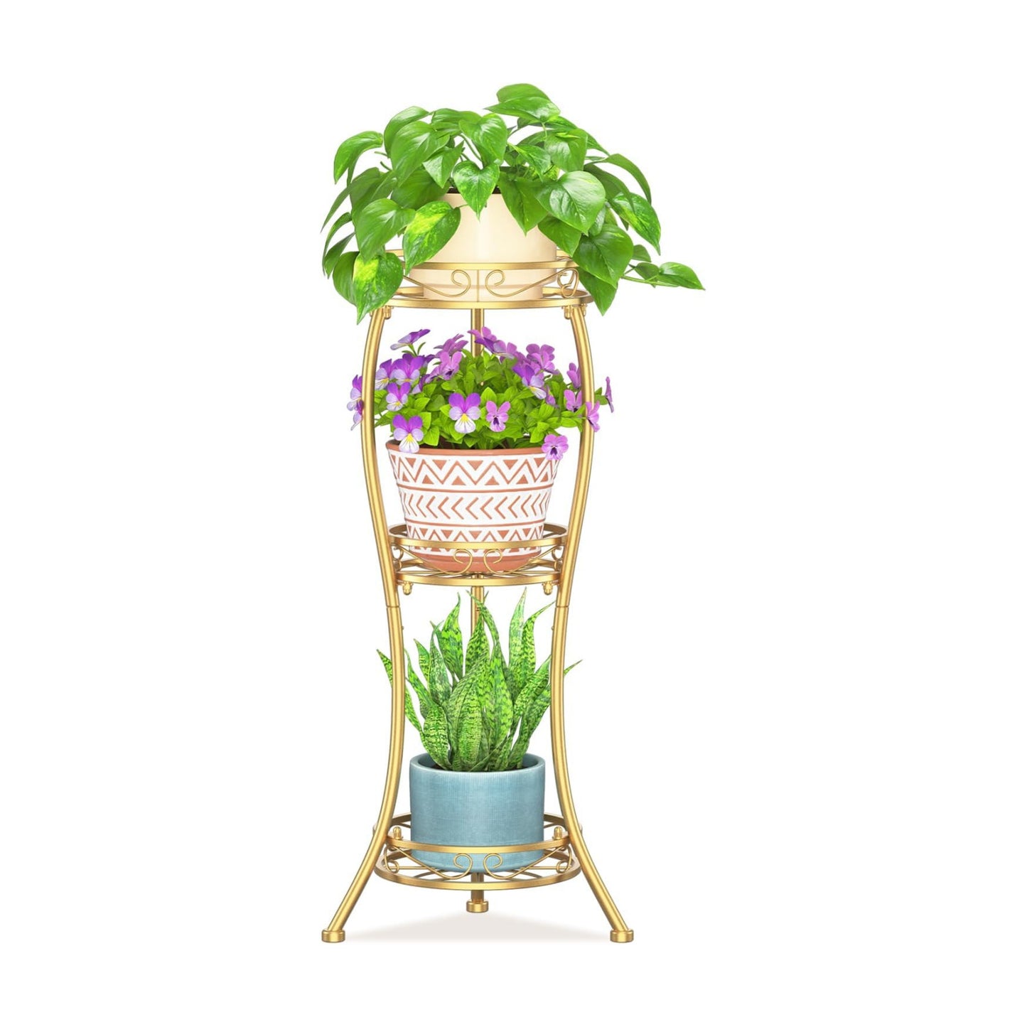 LASZOLA 3 Tiers Metal Corner Plant Flower Stand Tall Indoor Outdoor, Gold | Heavy Duty Small Holder Shelf for Multiple