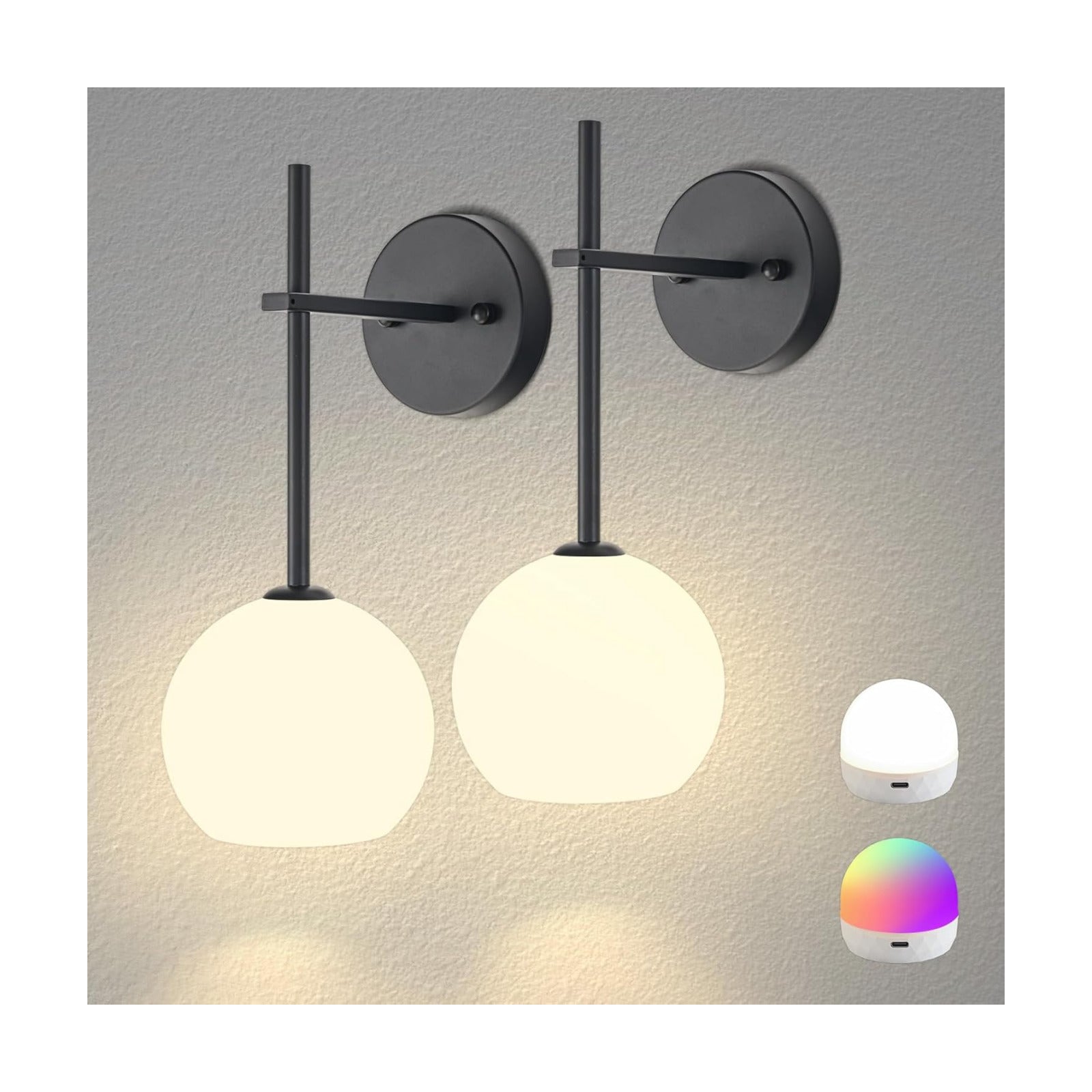 Black Battery Operated Wall Sconces Set of 2, Rechargeable Wireless Wall Lights with Milky White Frosted Glass Shade