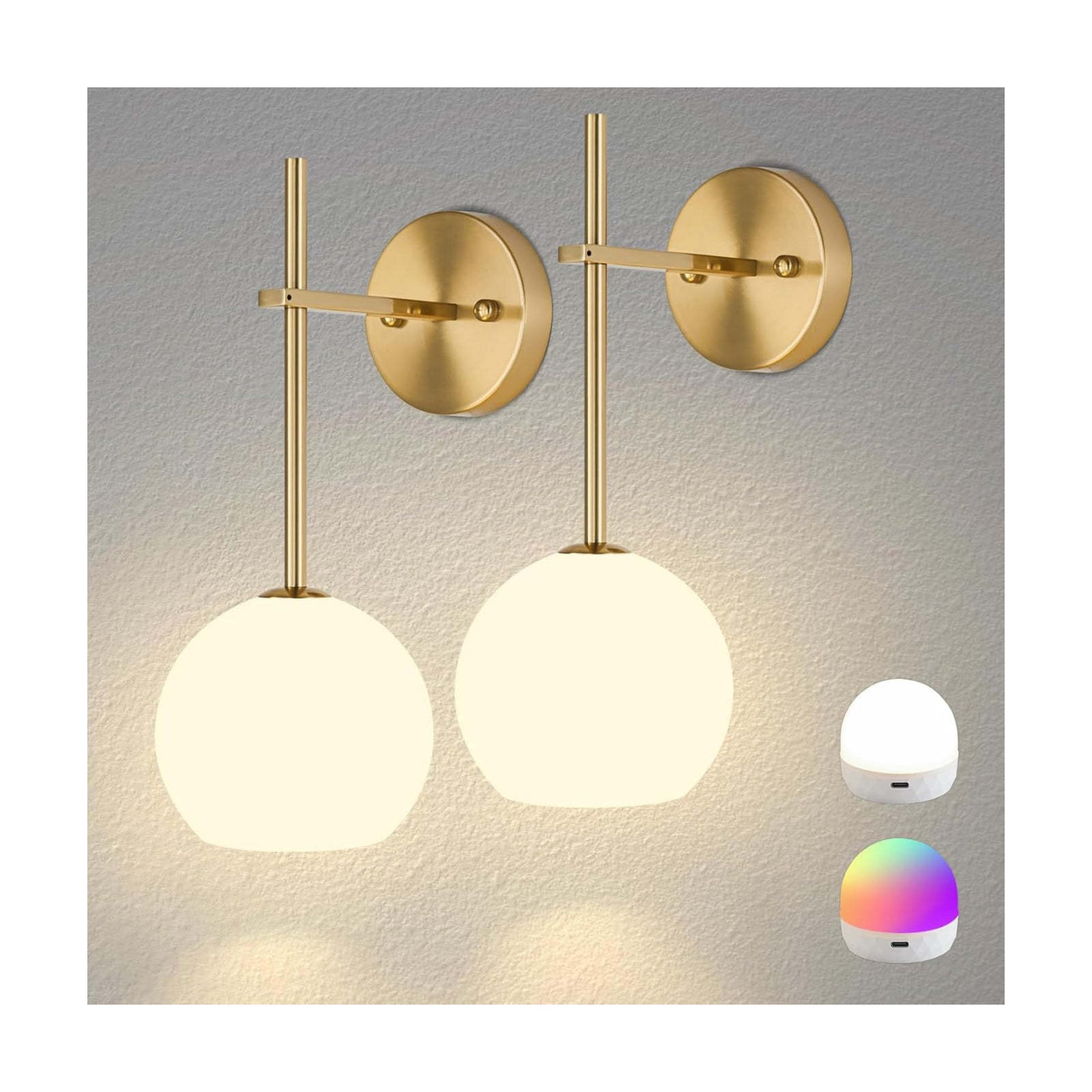 Gold Battery Operated Wall Sconces Set of 2, Rechargeable Wireless Wall Lights with Milky White Frosted Glass Shade, 12
